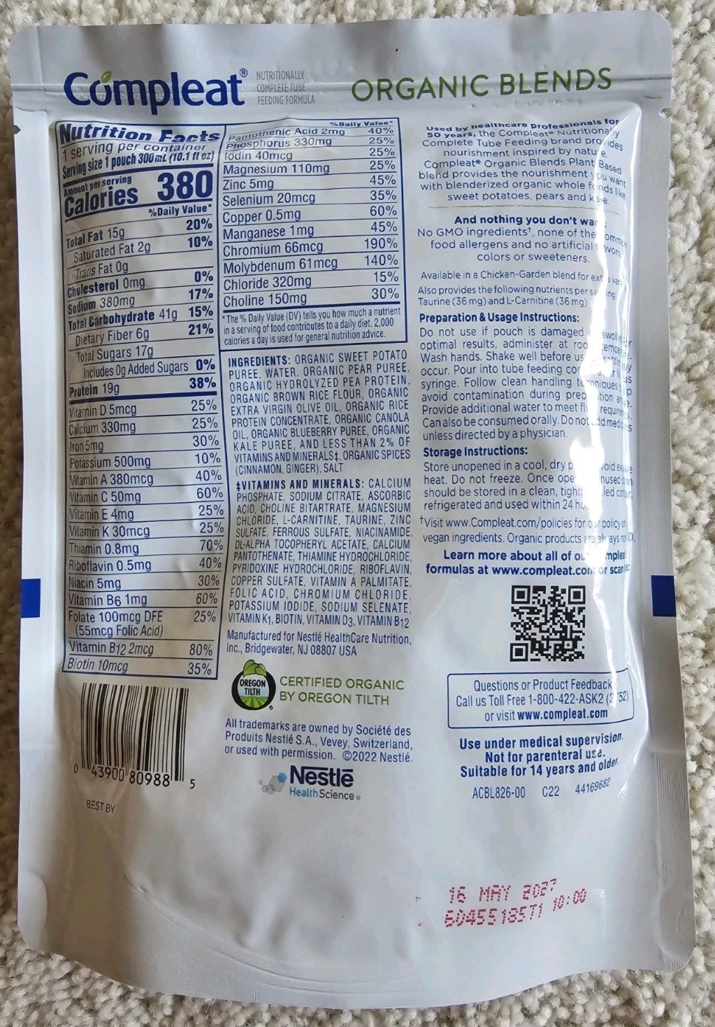 (18) Compleat Organic Blends Tube Feeding 10.1 oz Plant-Based & Chicken-Garden