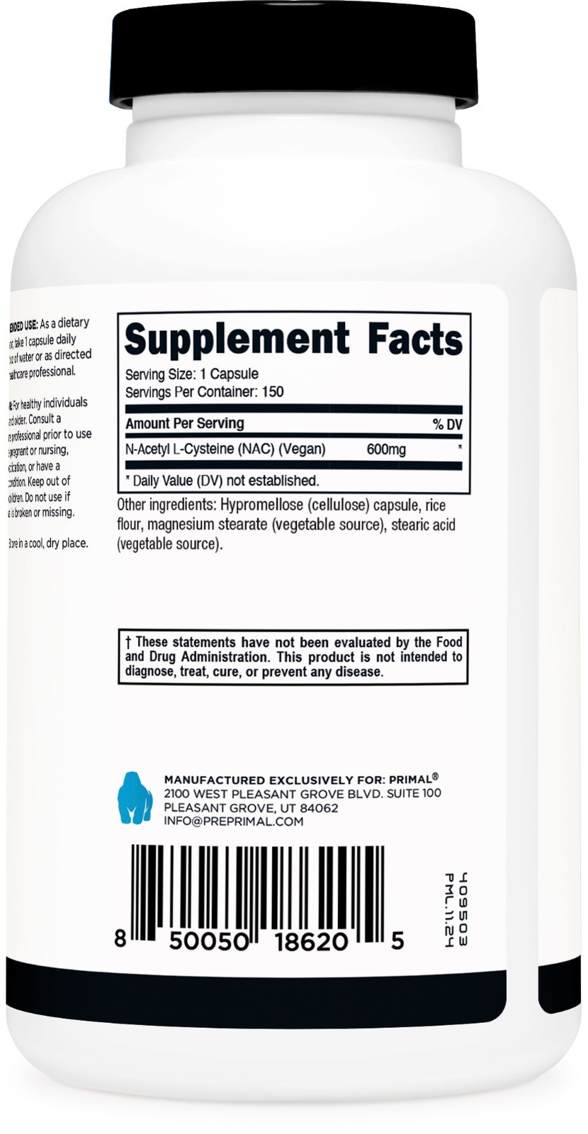 Primal N-Acetyl L-Cysteine (NAC) 600mg, 150 Capsules – Vegan N-Acetyl L-Cysteine