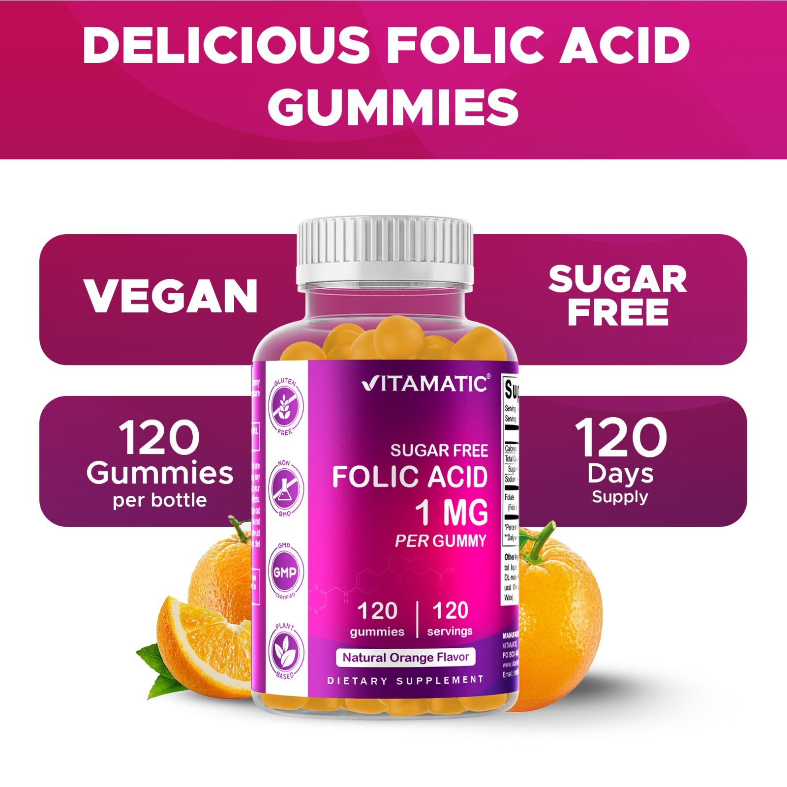 3- Pack Vitamatic Folic Acid Gummies 1000 mcg Vitamin B9 – 120 Vegan Gummies