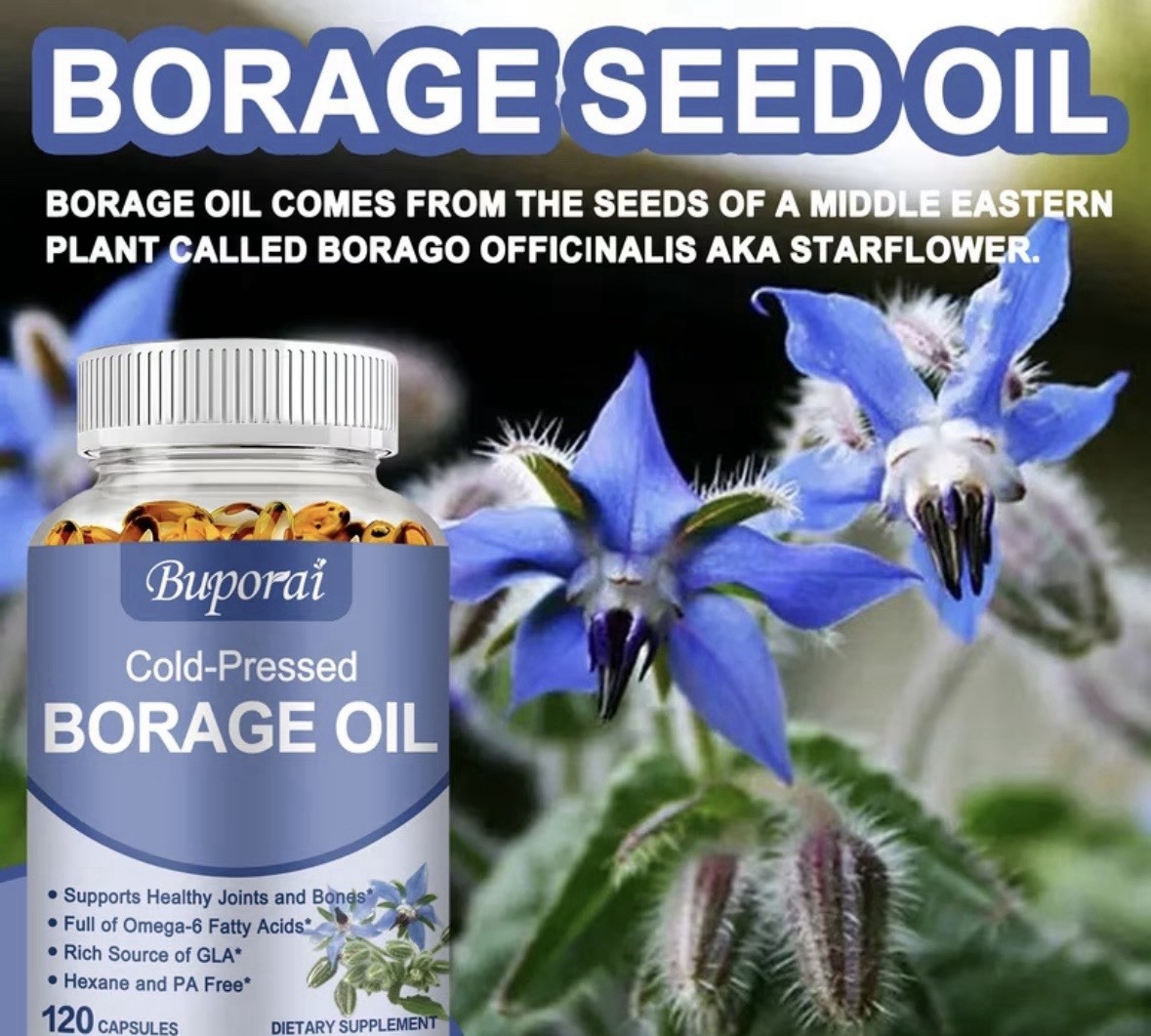 Buporai Cold-Pressed Borage Oil 1000mg Hexane-Free 120 Capsules Joint