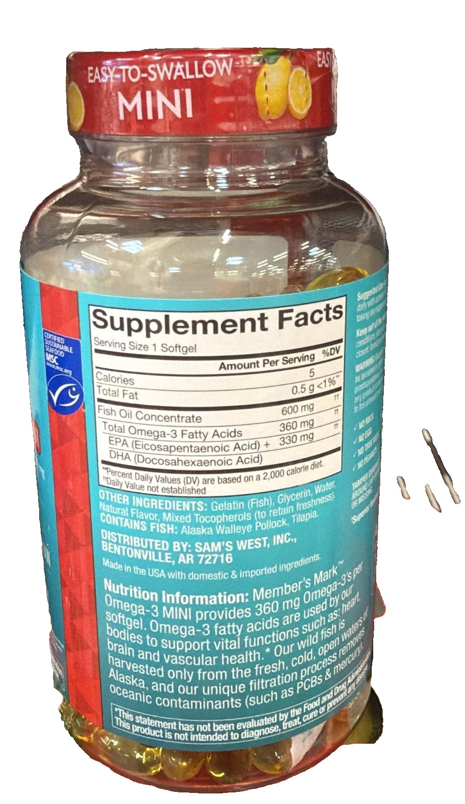Member’s Mark Omega-3 Mini Fish Oil 600mg Lemon Softgels 300 ct Heart