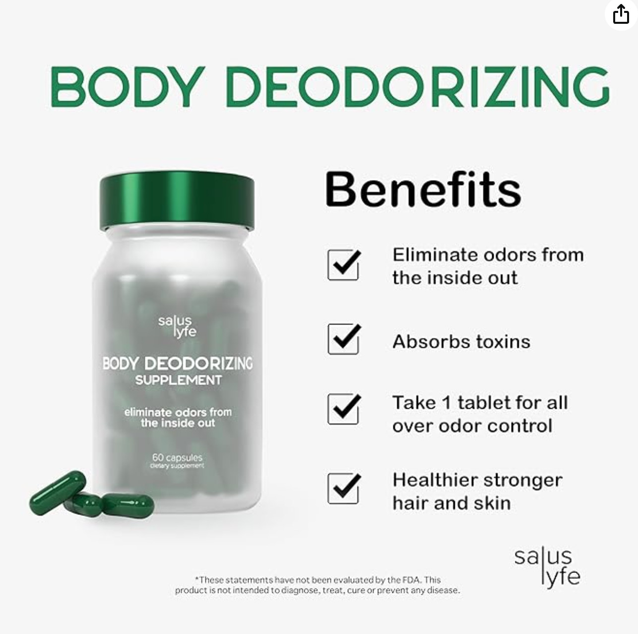 Salus Lyfe Body Deodorizing Supplement All Natural Full Body Deodorizing 60 ct