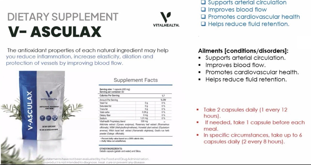V-Asculax Vital Health Blood Circulation Flow Up Support MSM 60 Caps