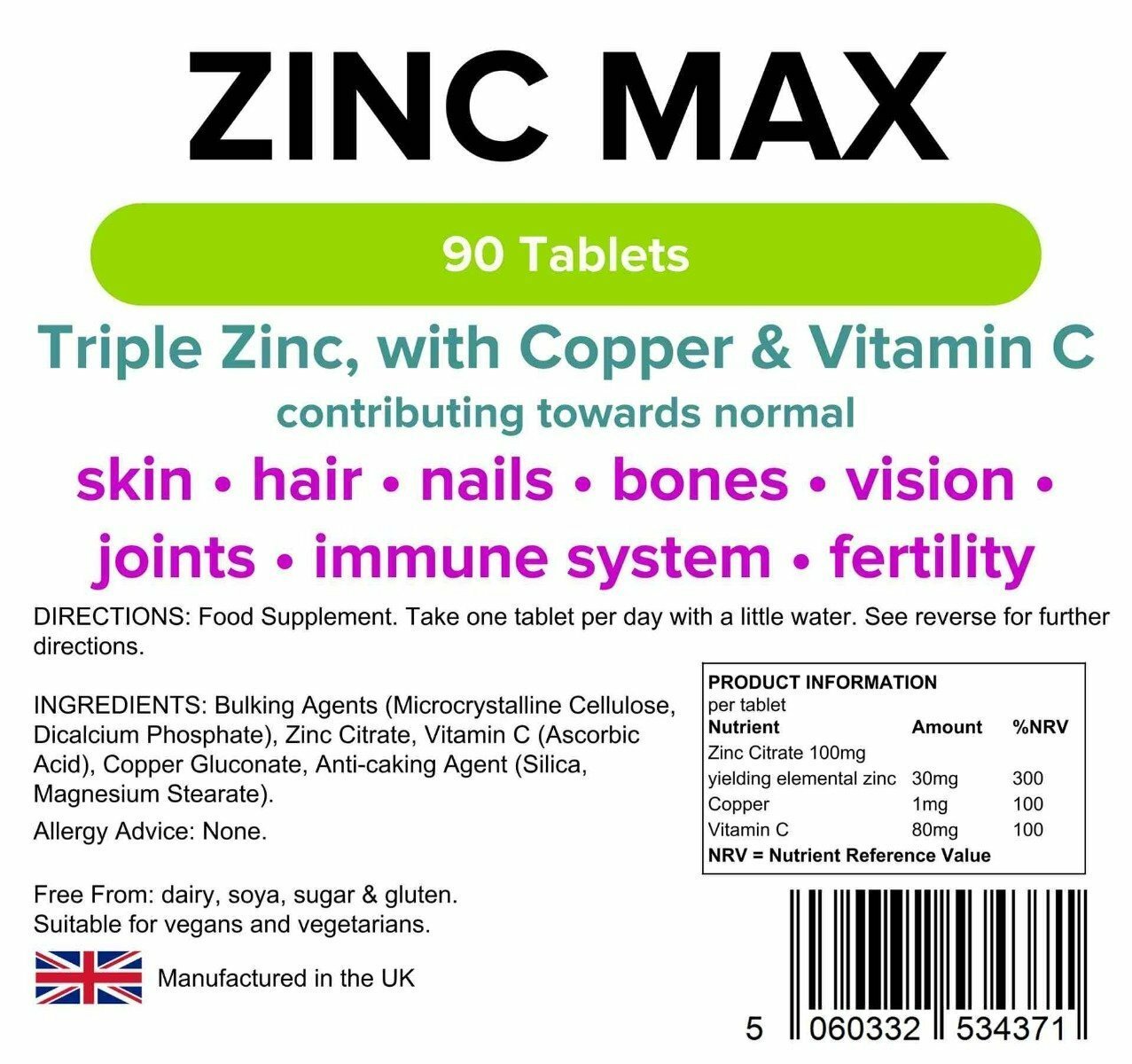 Lindens Triple Strength Zinc Citrate Max 4-PACK 360 Tablets Vitamin C & Copper