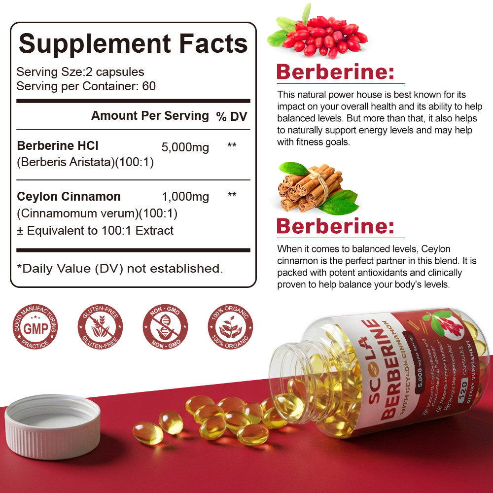 Organic Premium Berberine HCL Extract 5000mg 60/120 Capsules Blood Sugar Support
