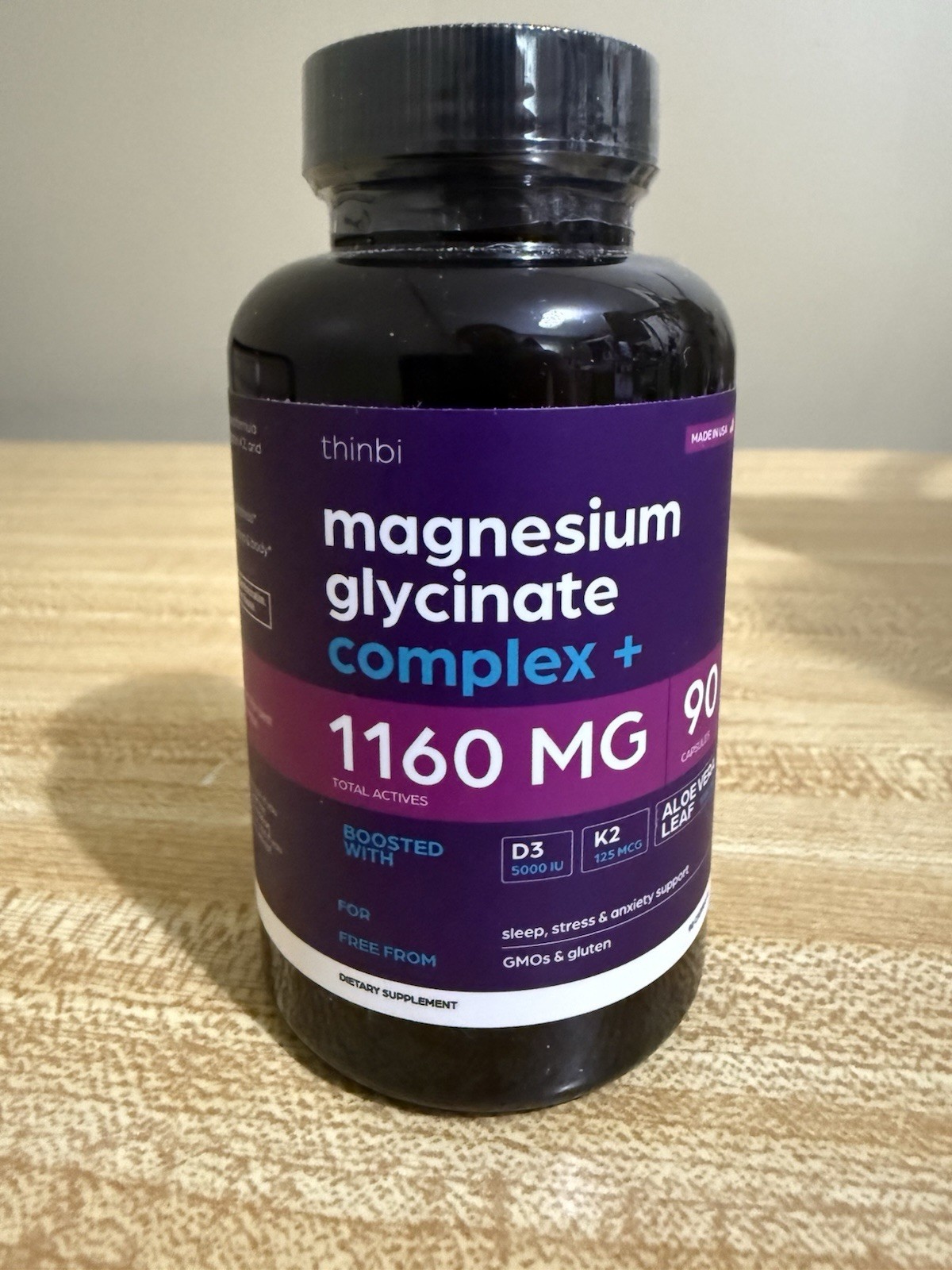 Thinbi Magnesium Glycinate 1160mg Aloe Vera, D3 & K2 90 count 1 A Day Sealed