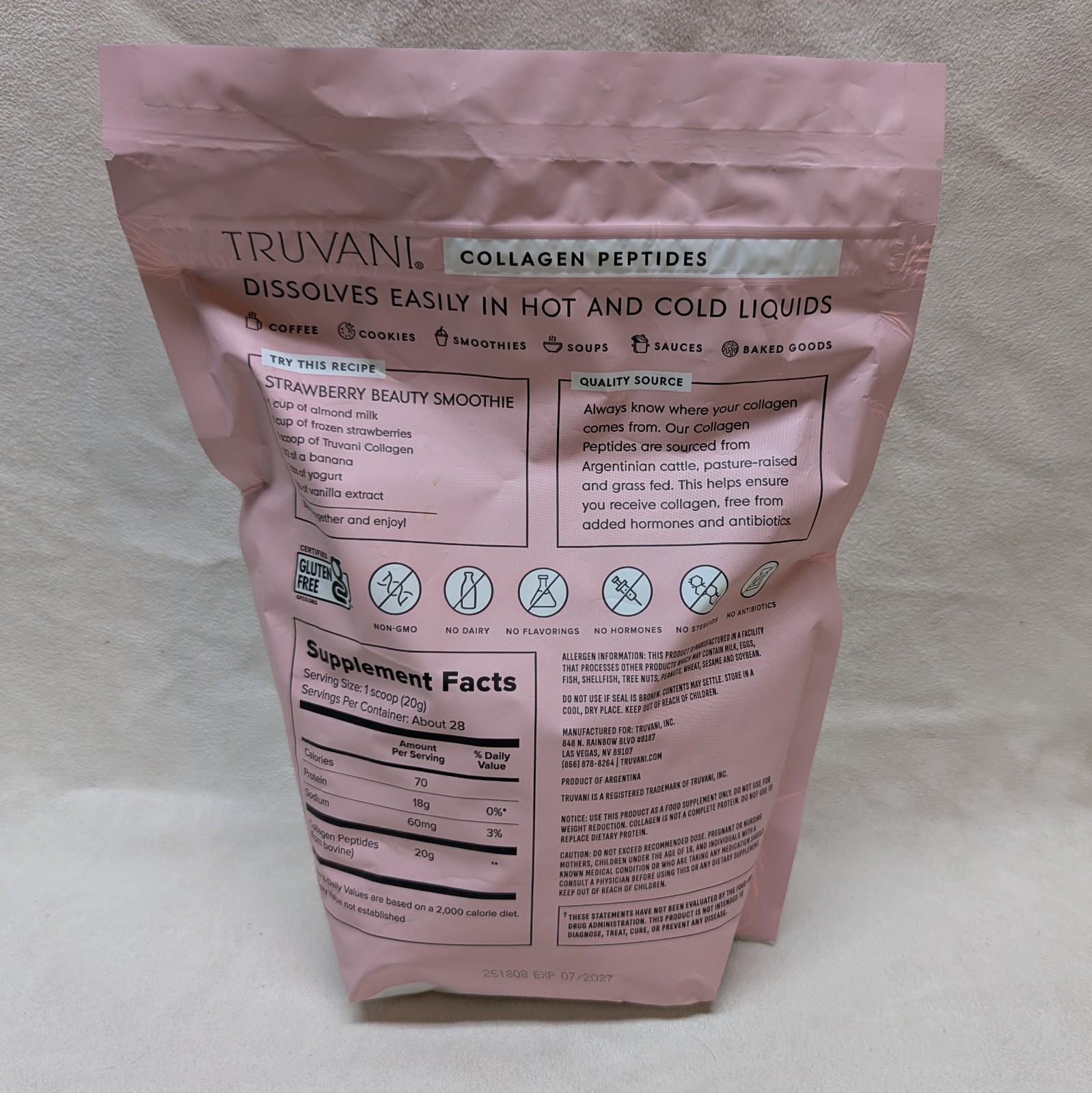 Collagen Peptides Unflavored 19.75 Oz 28 Servings by Truvani Expires 7/2027