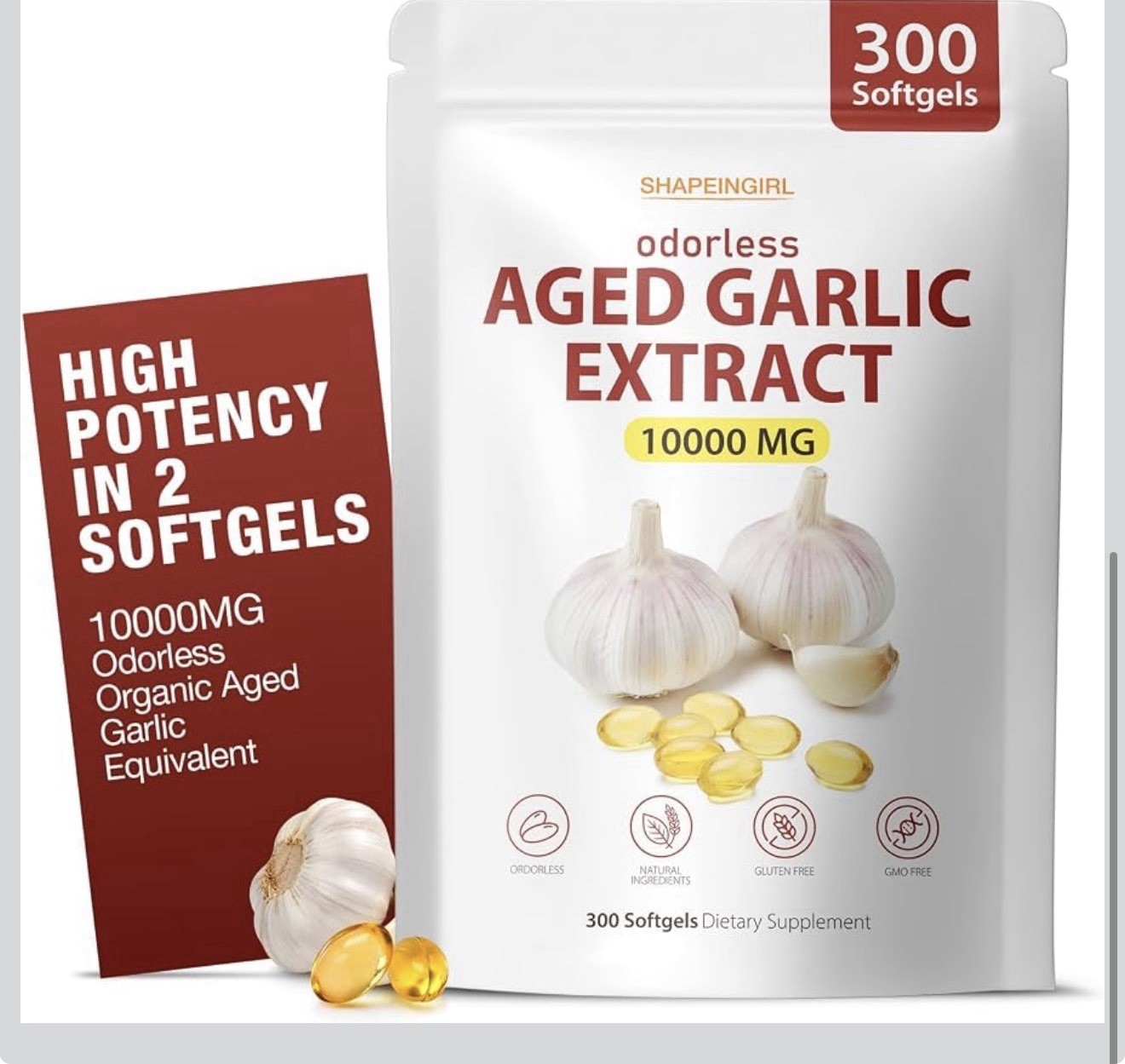 SHAPEINGIRL Odorless Aged Garlic Extract 10000mg 300 Softgels Gluten-Free