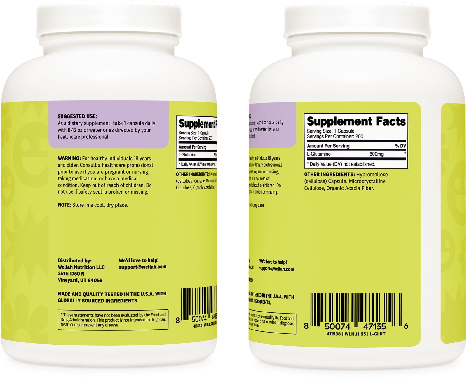 Wellah L-Glutamine Supplement for Women (800mg) 200 Capsules