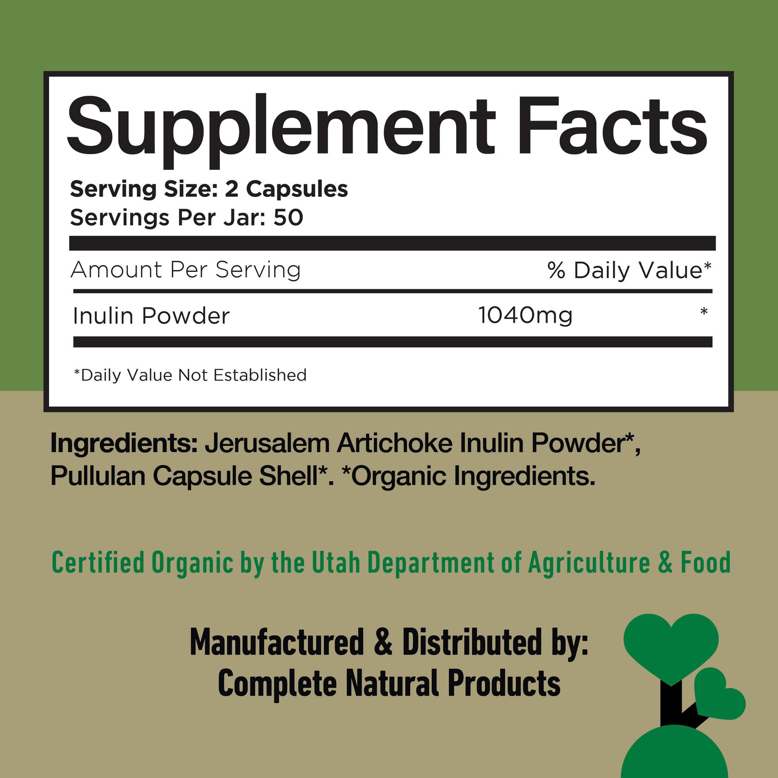 Organic Inulin Capsules – 520mg 100 Pills, Organic Jerusalem Artichoke Inulin