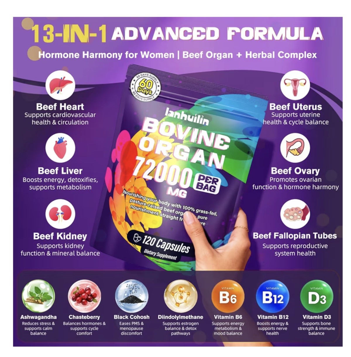 lanhuilin Bovine Organ 72000mg 120 Capsules Dietary Supplement
