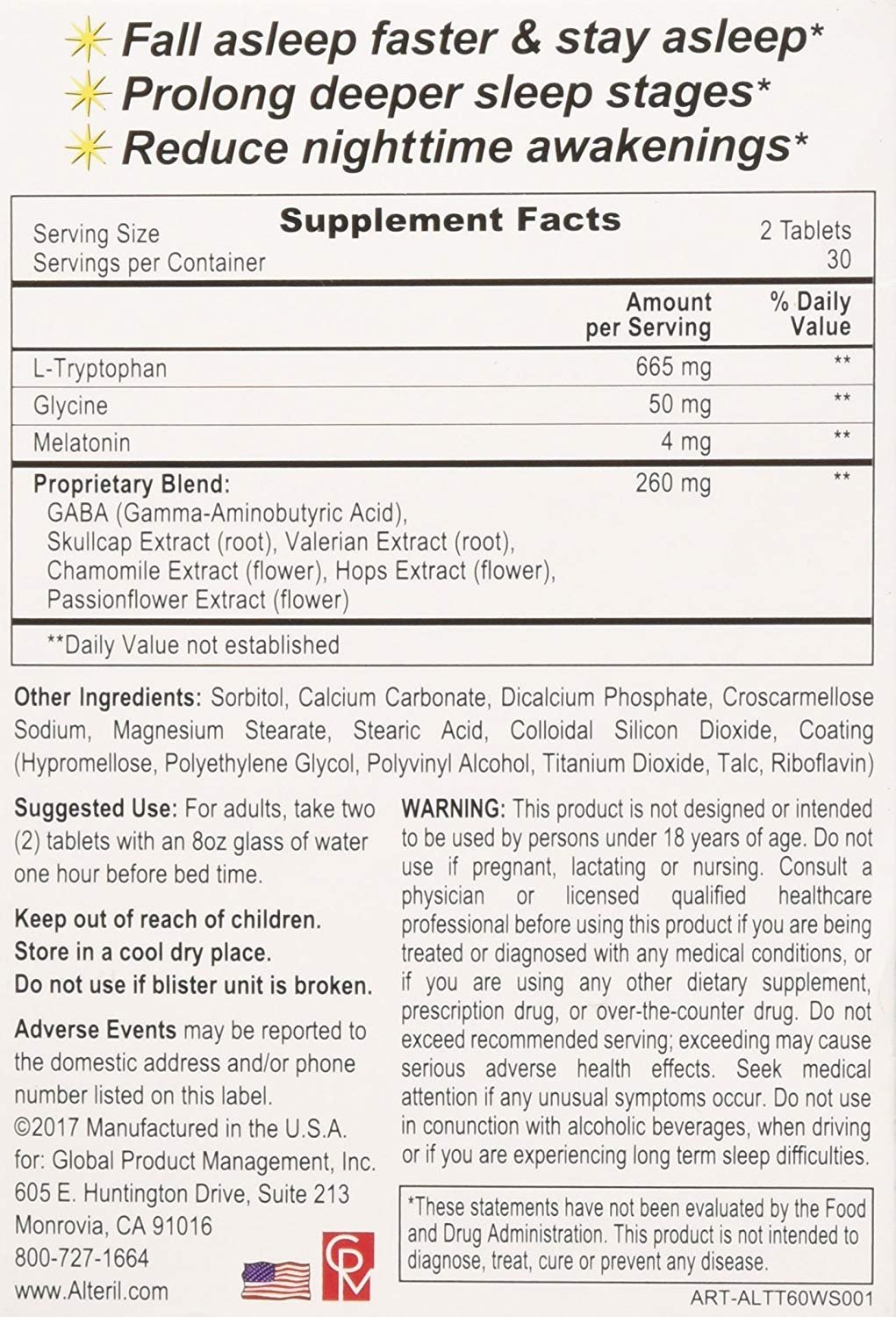 Alteril All Natural Sleep Aid L-Tryptophan Tablets Dietary Supplement 60 Count