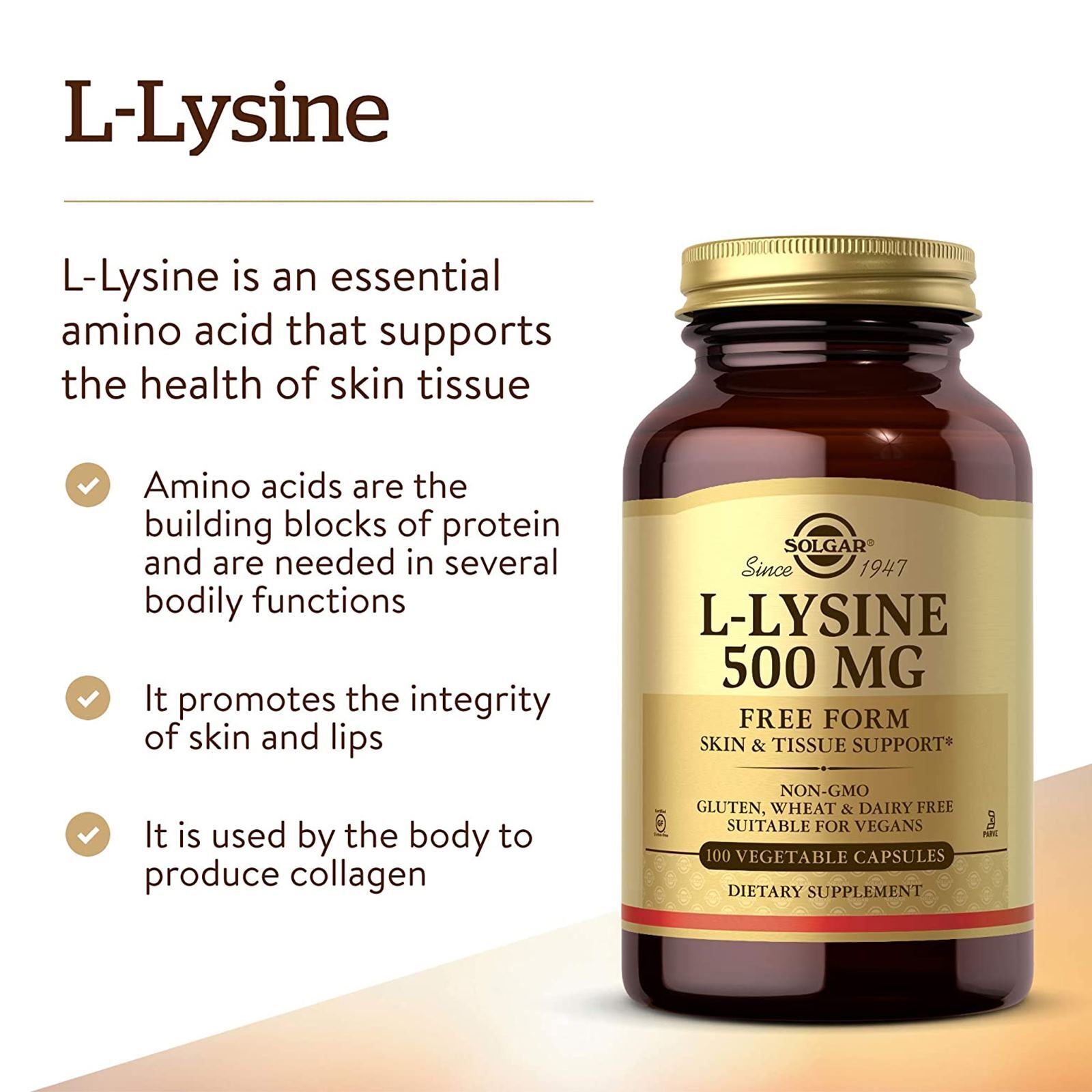 Solgar L-Lysine 500 mg 100 Vegetable Capsules, Skin and Tissue Support
