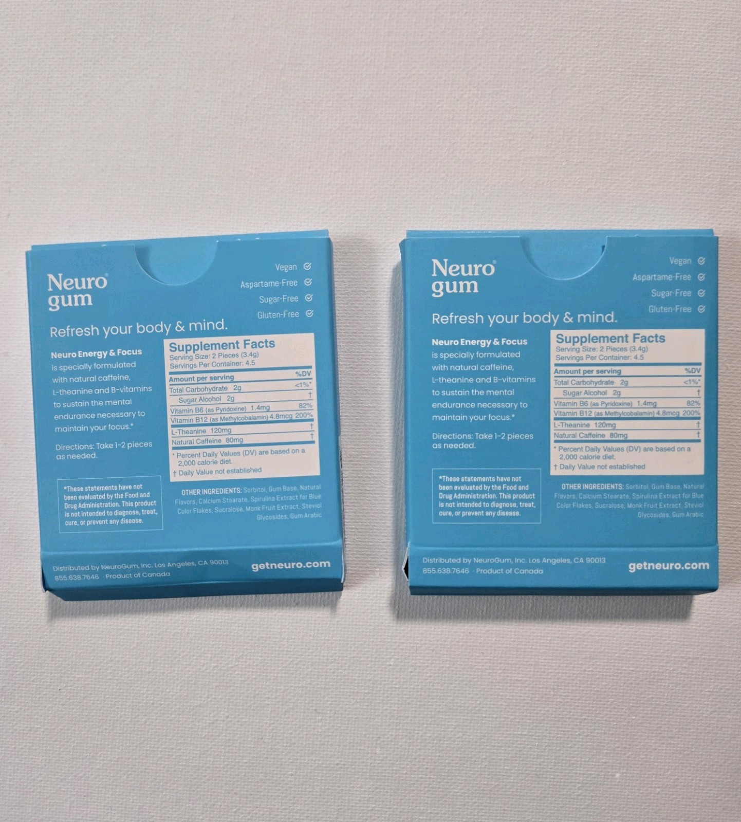 Neuro Gum L-theanine B-12 Nootropics Caffeine 2pk 18 pcs Boost Energy & Focus