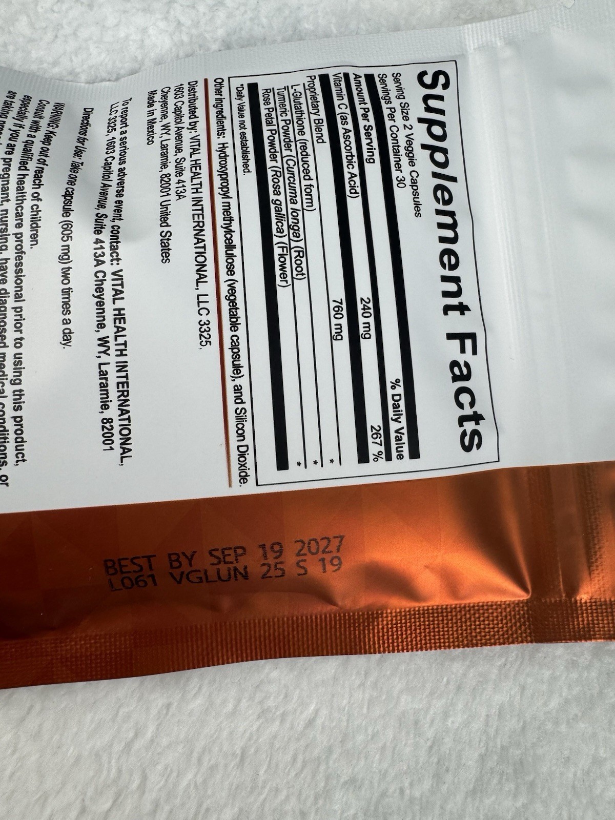 VitalHealth V-Glutathione L-Glutathione Vitamin C Turmeric 60 Veggie Capsules