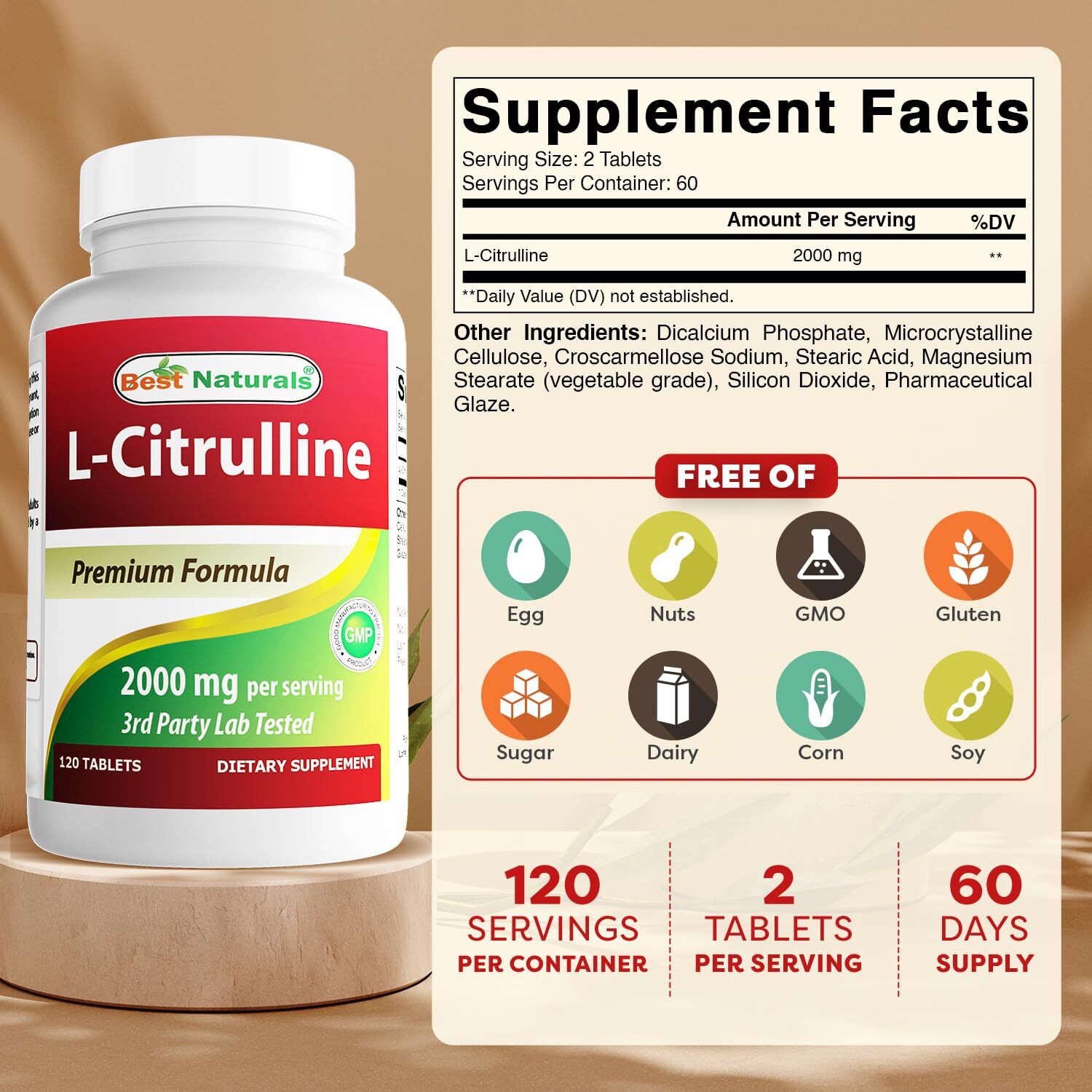 Best Naturals L Citrulline 2000mg Non GMO Gluten Free 120 Tablets Pack