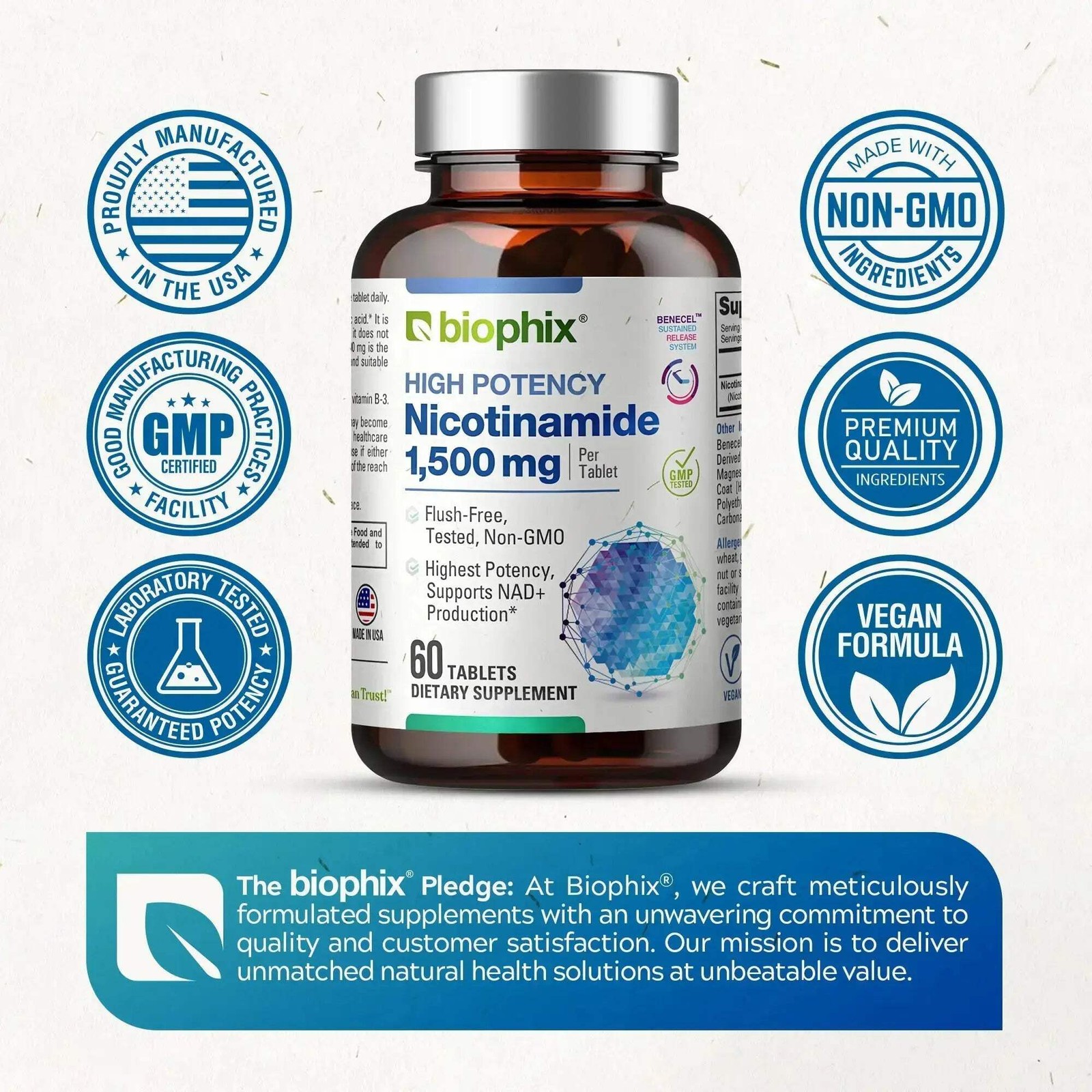 Biophix Nicotinamide Vitamin B-3 Flush Free 1500 mg 60 Sustained Release Tablets