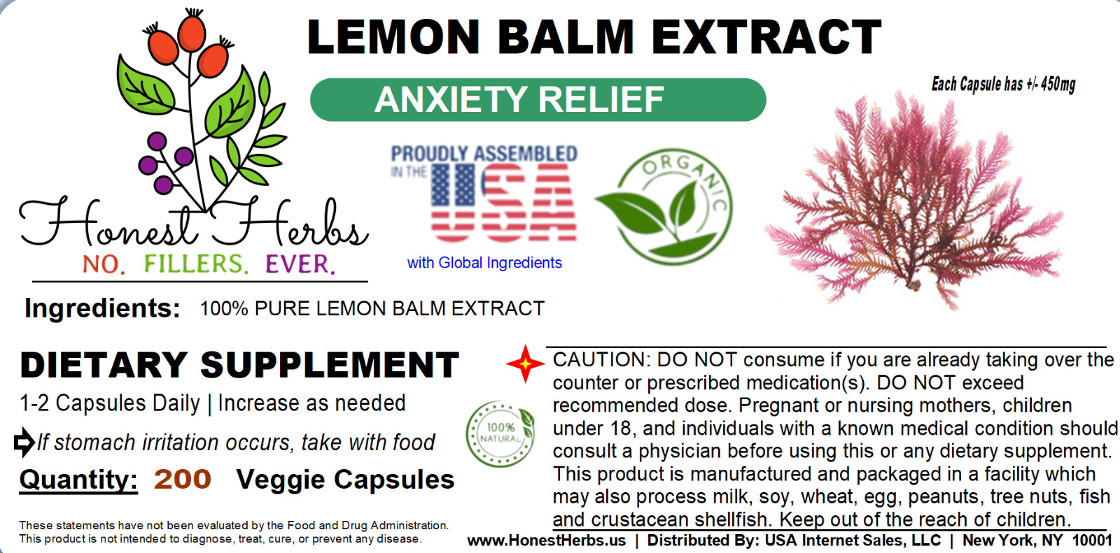 Lemon Balm Extract – Natural Calm, Stress, Mental Clarity – 200 Veggie Caps