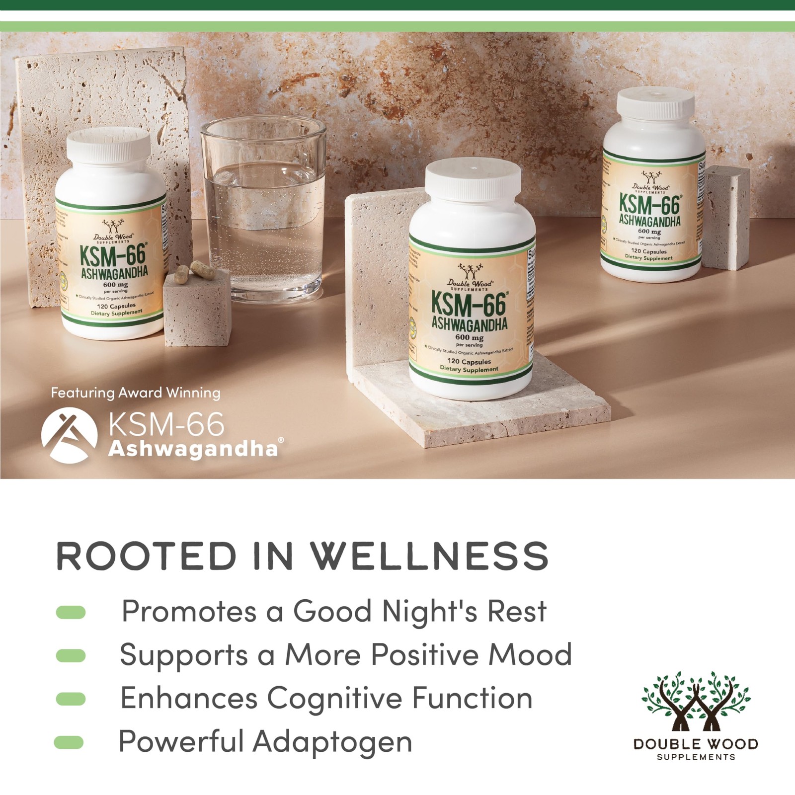 Double Wood Supplements Ashwagandha KSM 66 Organic and 120 Count (Pack of 1)