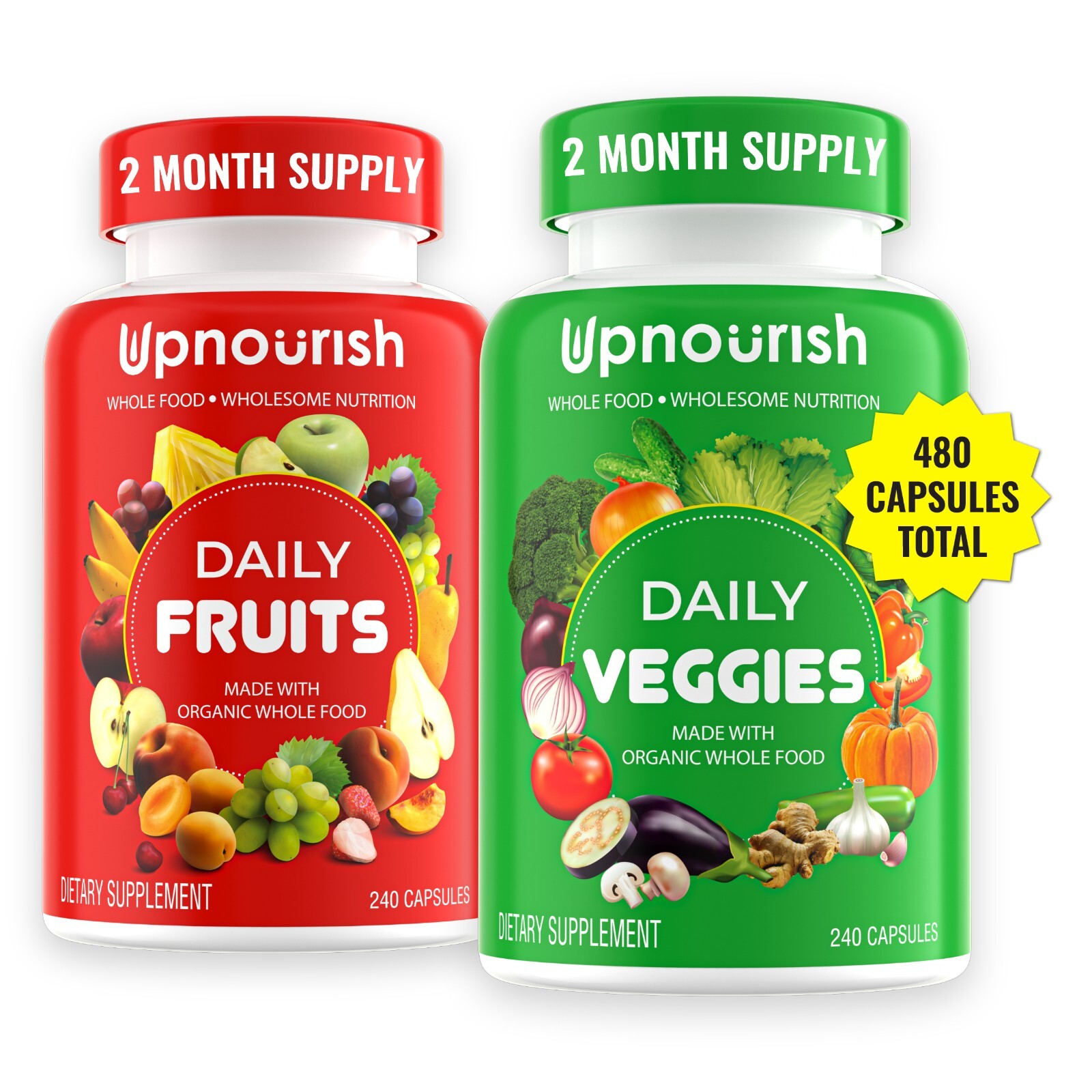 Organic Fruits and Veggies Supplement – 480 Vegan Fruits and Vegetable Capsules