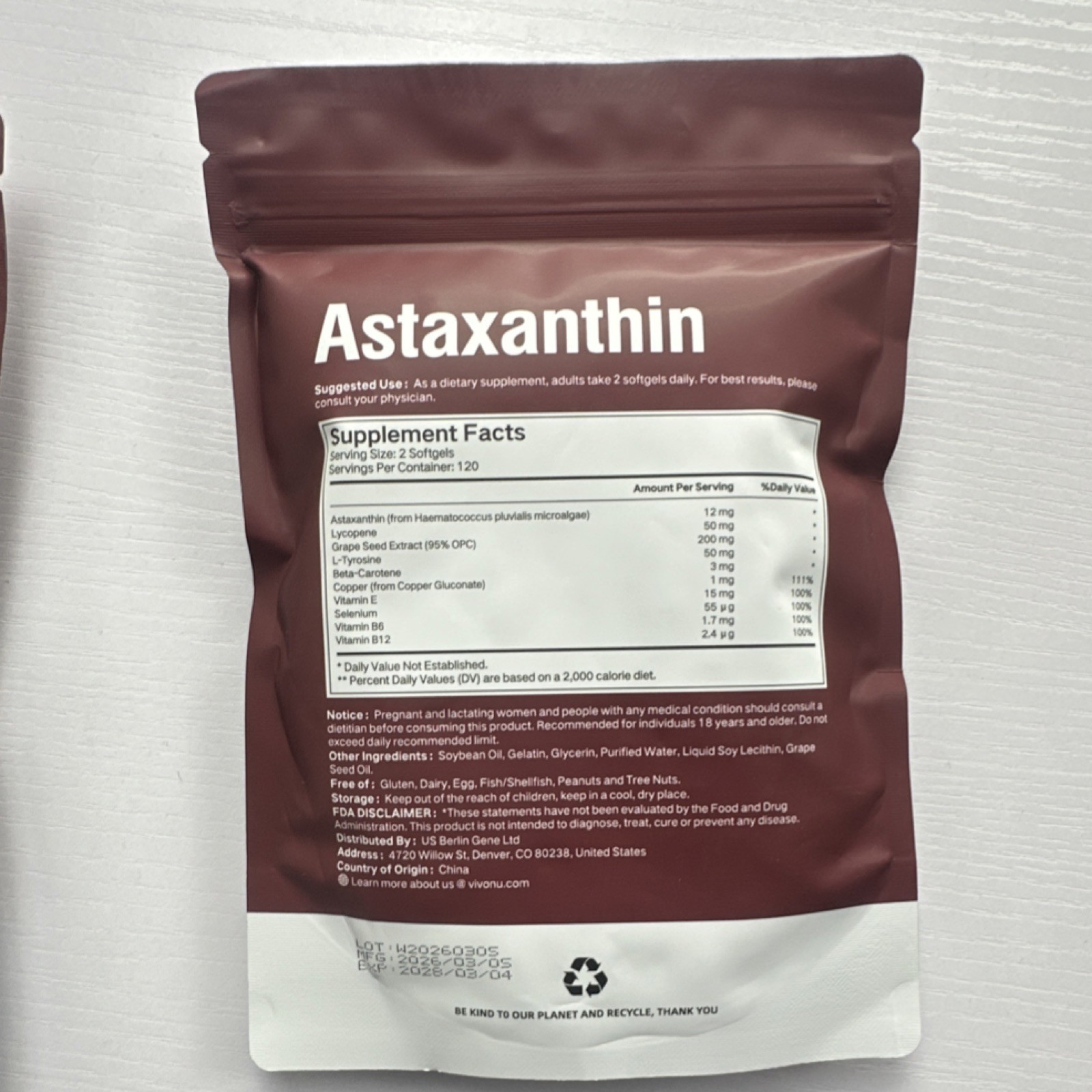 Vivonu Astaxanthin Antioxidant Softgels 12mg 240ct Gluten-Free Exp 03/2028