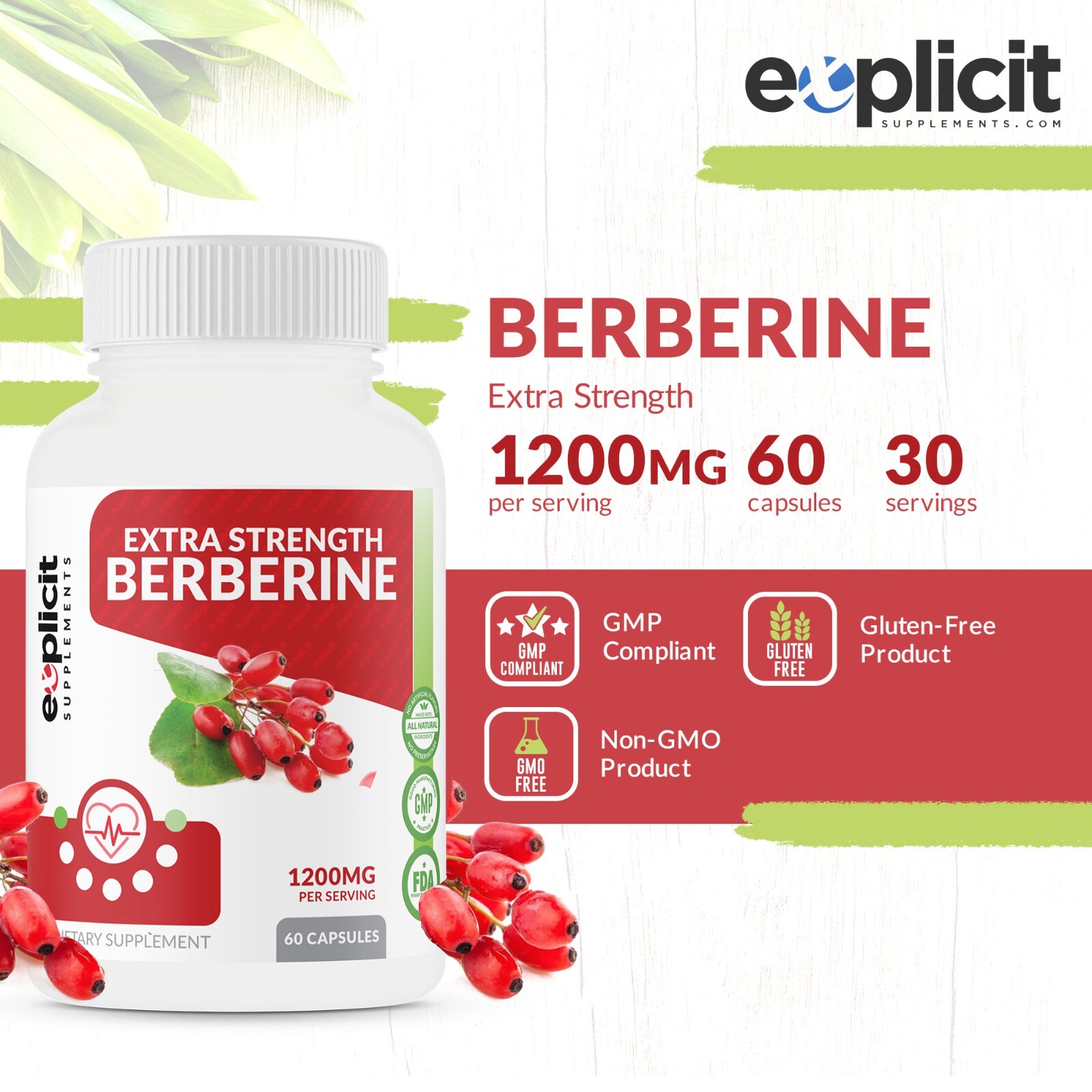 All Natural Berberine HCl – 1200mg Max Strength – Supports Glucose Metabolism