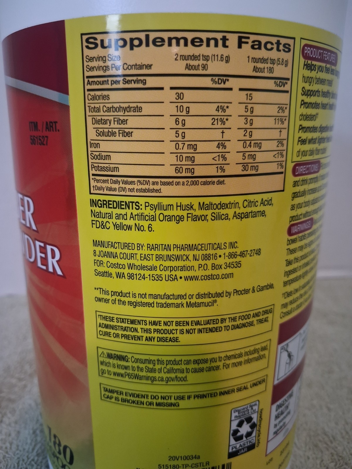 Kirkland Signature Psyllium Fiber Powder Fiber Supplement Exp. 9/27 180 Tsps.