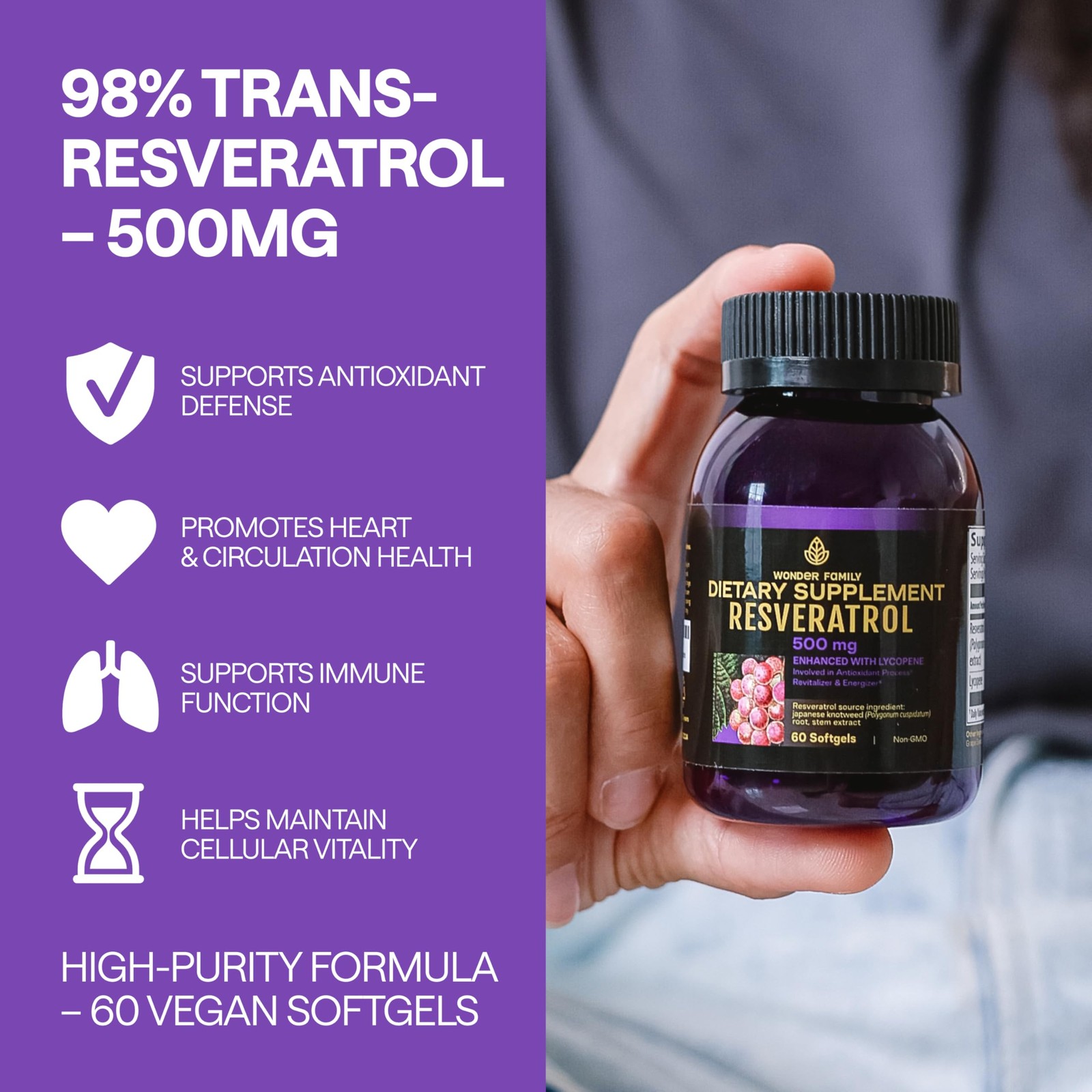 Resveratrol Supplement 500mg – 98% Trans 60 Count (Pack of 1)
