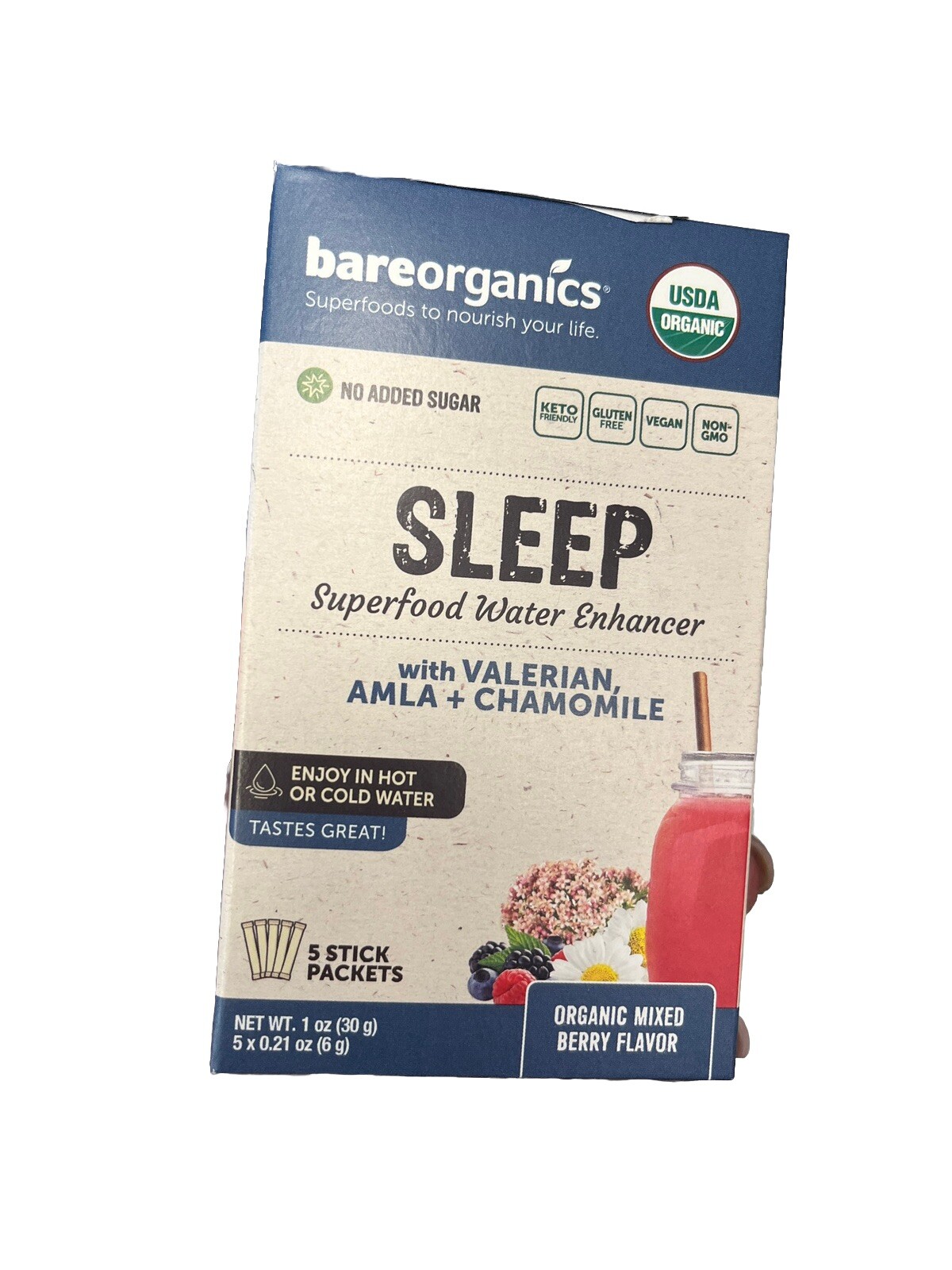 bareorganics Sleep Superfood Water Enhancer w/Valerian, Chamomile 5 Packs 09/25