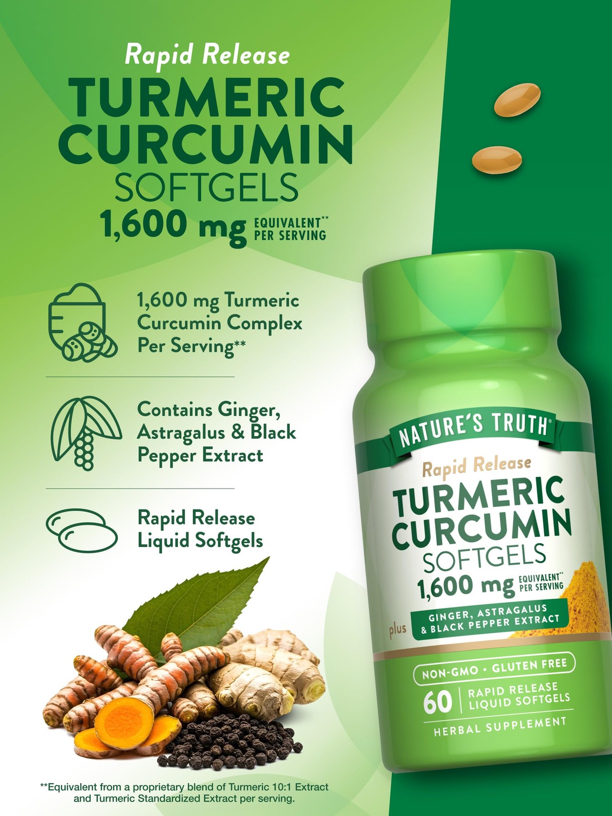 Nature’s Truth Turmeric Curcumin 10mg | Softgel Capsules | with Ginger,