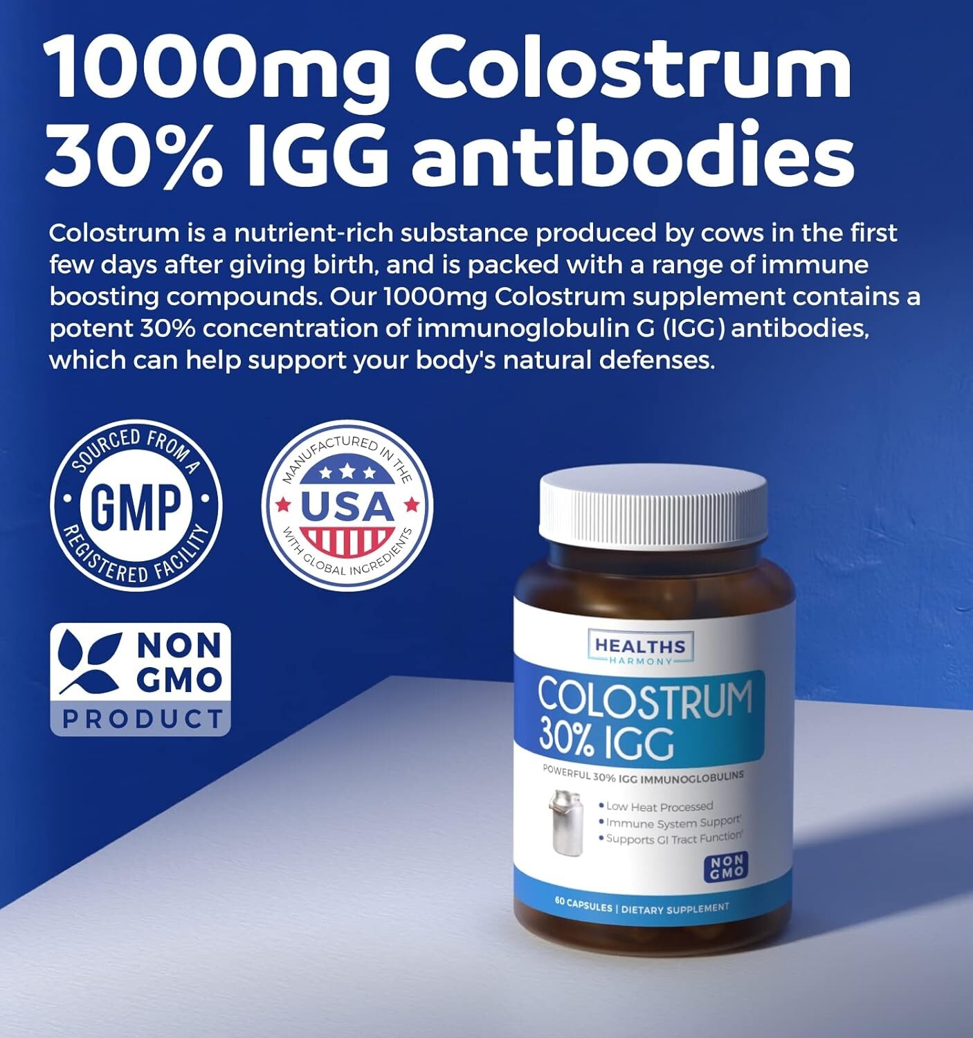 Health’s Harmony Colostrum 1,000mg 30% IgG Immunoglobulins Immune Support 60ct