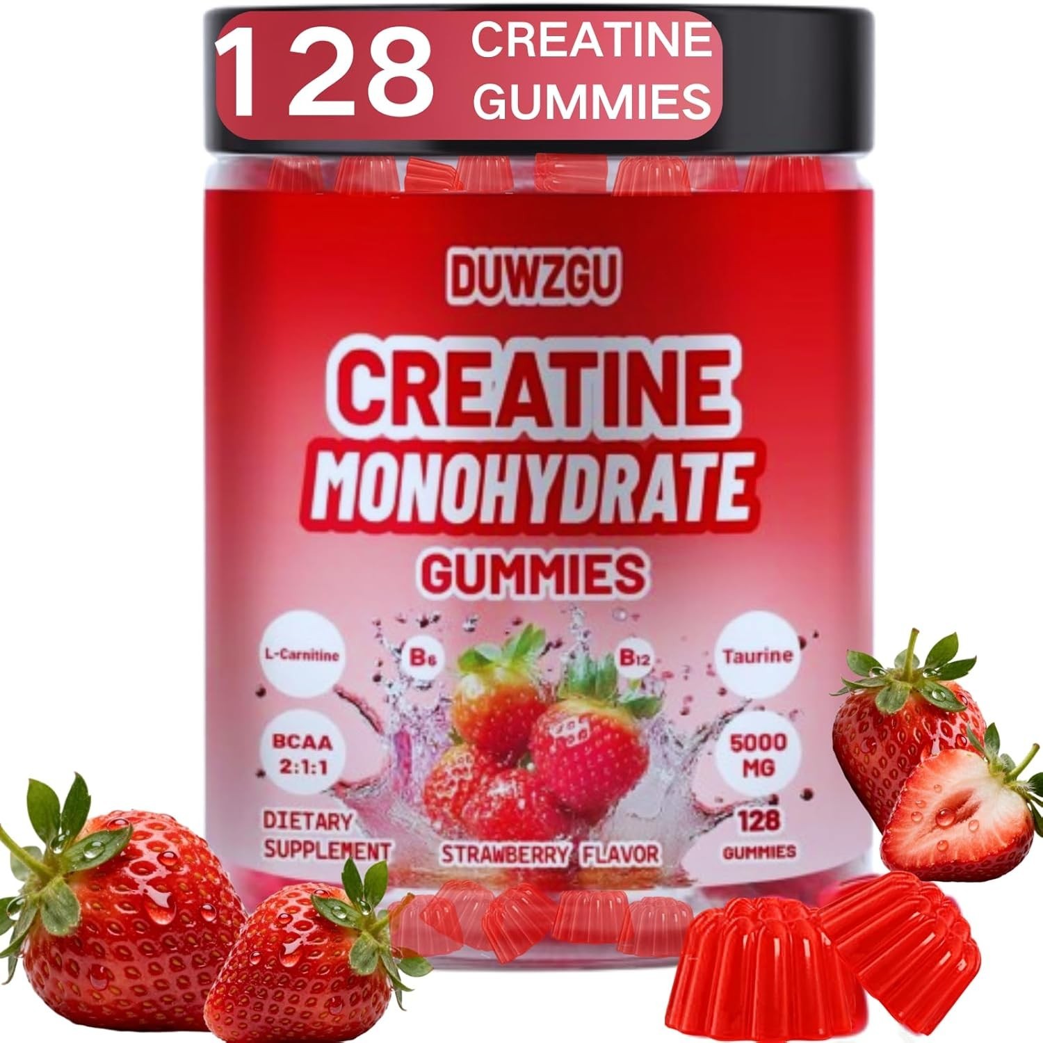 Duwzgu Creatine Monohydrate Gummies Raspberry 128ct Bottle | 5000mg, BCAA B12