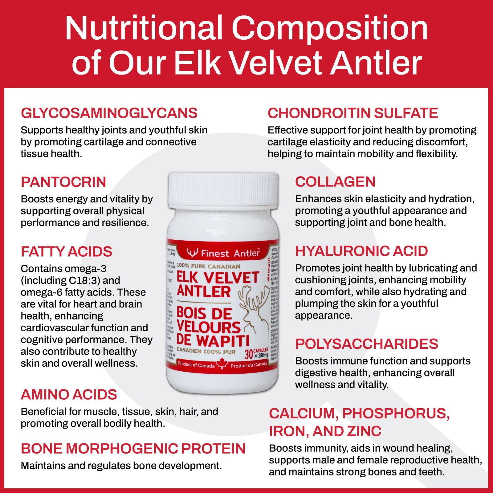 Elk Velvet Antler Capsules, 100% Pure, Made in Canada (30 caps, 280mg, 6-Pack)