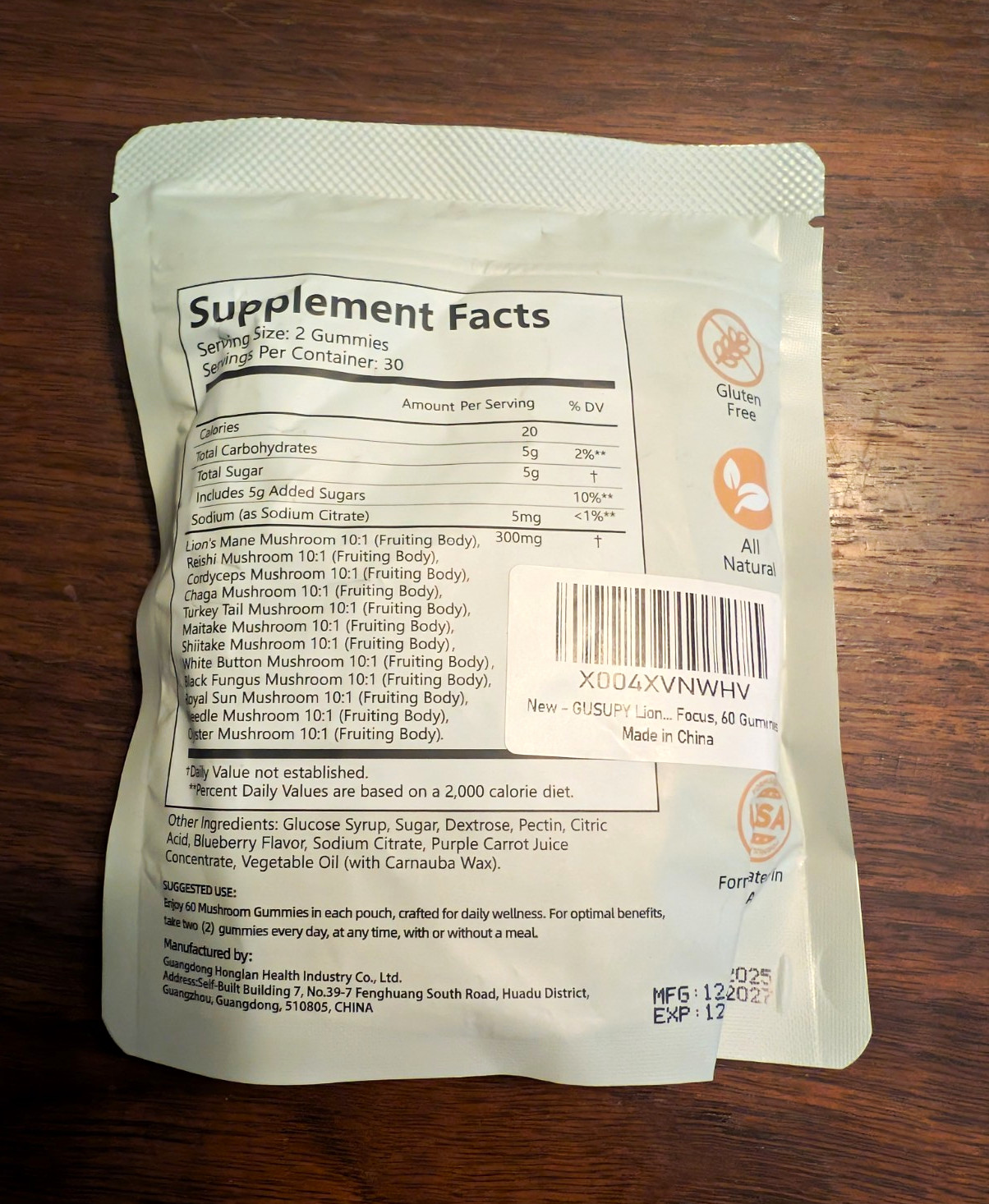GUSUPY Lion’s Mane Focus Gummies 60ct Gluten-Free All Natural 300mg