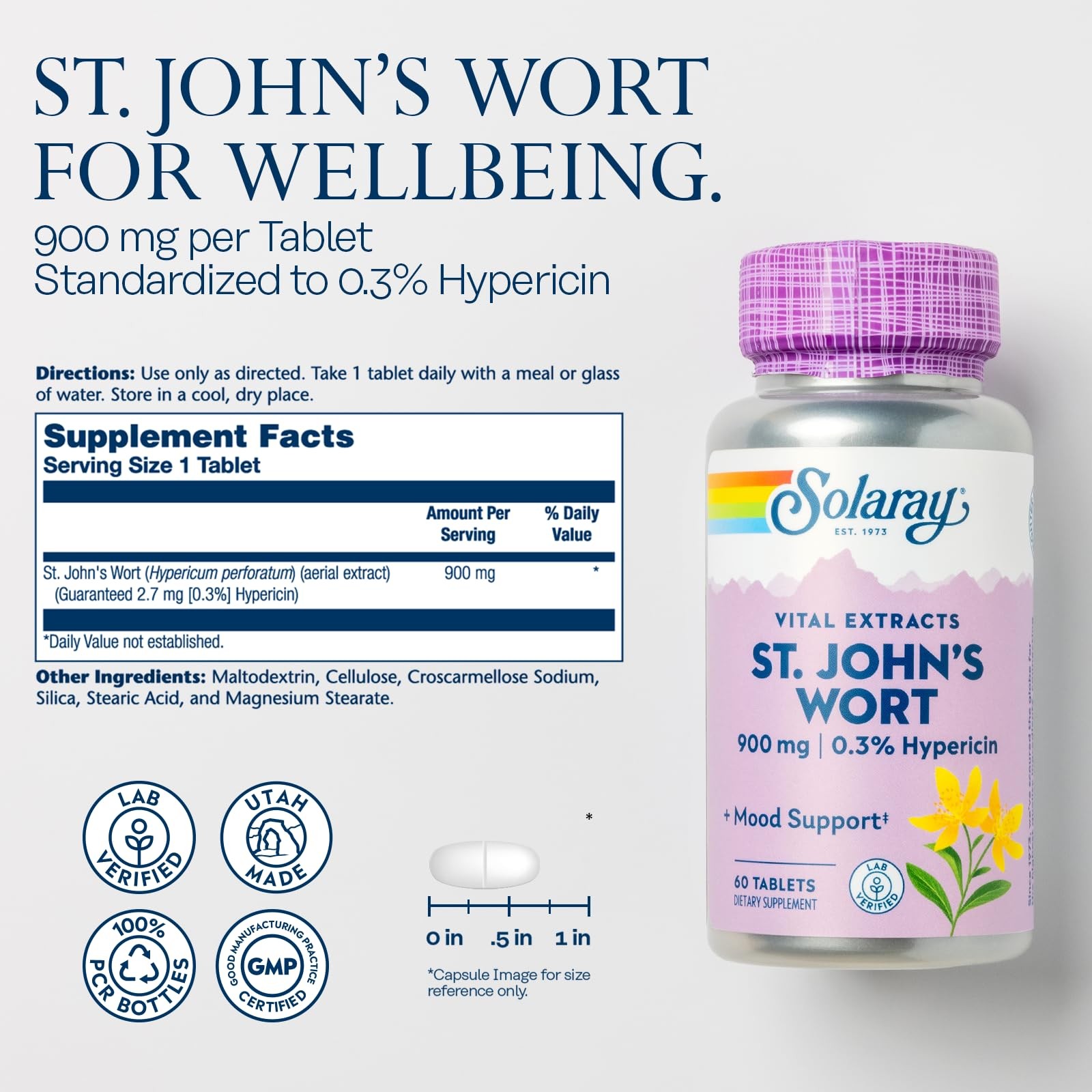 Solaray St. Johns Wort Aerial Extract One Daily 900mg | Standardized w/ 0.3%