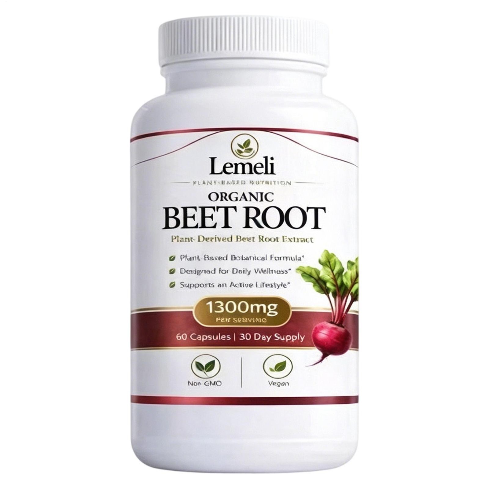 Lemeli Organic Beet Root 1300mg Beet Root Non-GMO 60 Capsules, 30-Day Supply