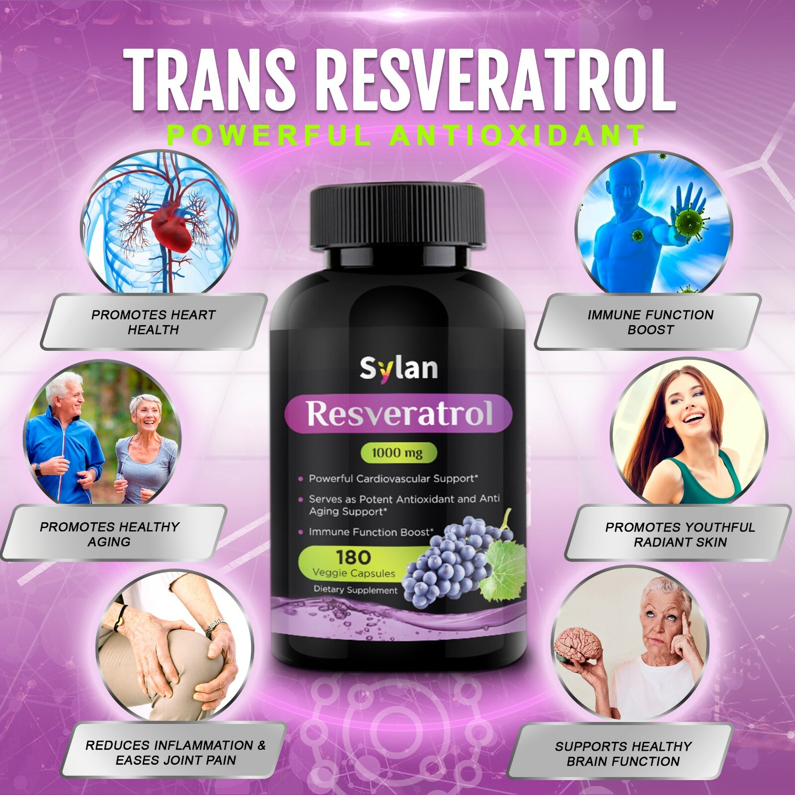 Resveratrol Supplement 1000 mg 180 Caps Made in USA Antioxidant & Anti Aging