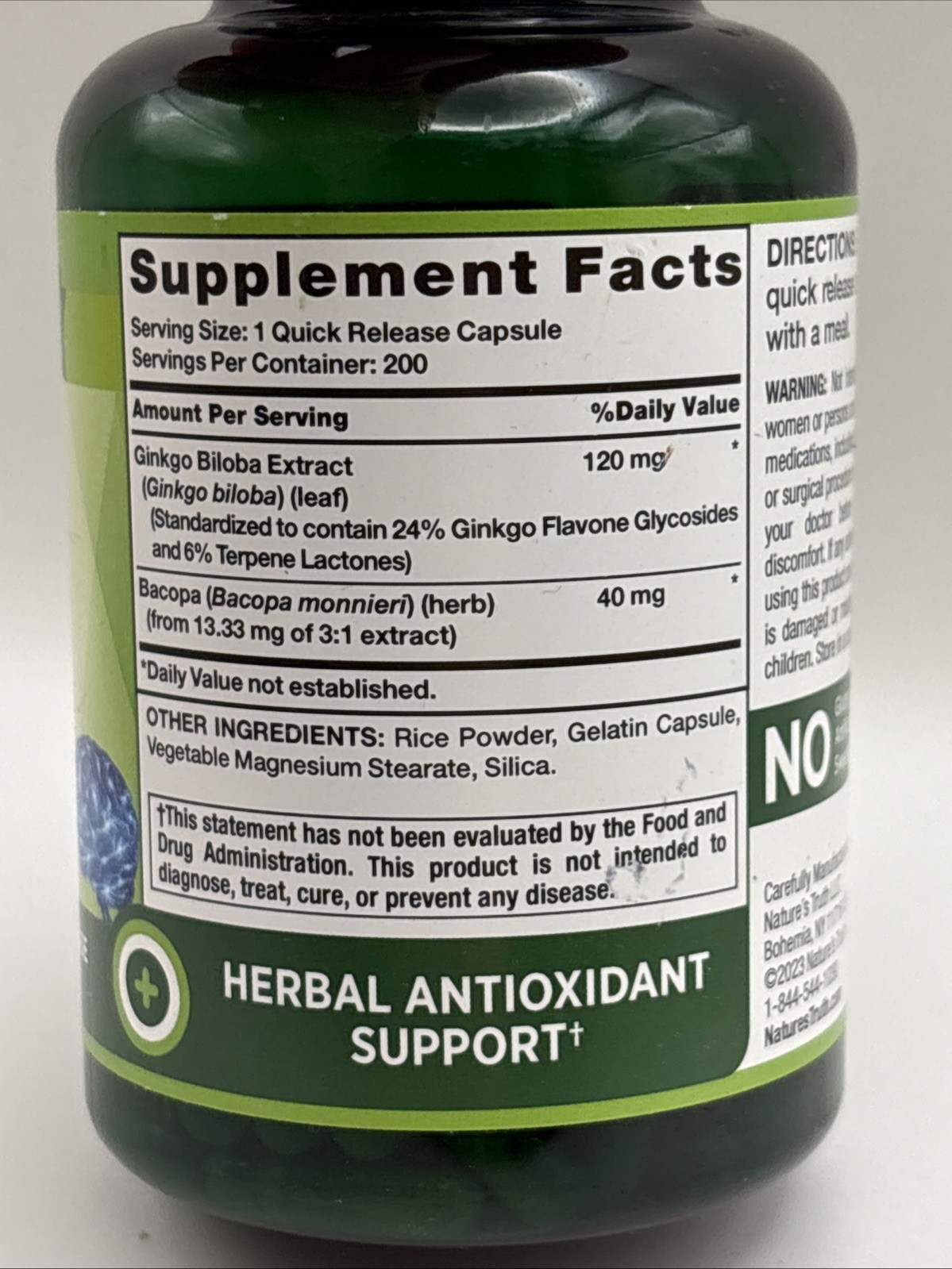 Nature’s Truth Ginkgo Biloba 120mg plus Bacopa 200 Quick Release Capsules -05/27