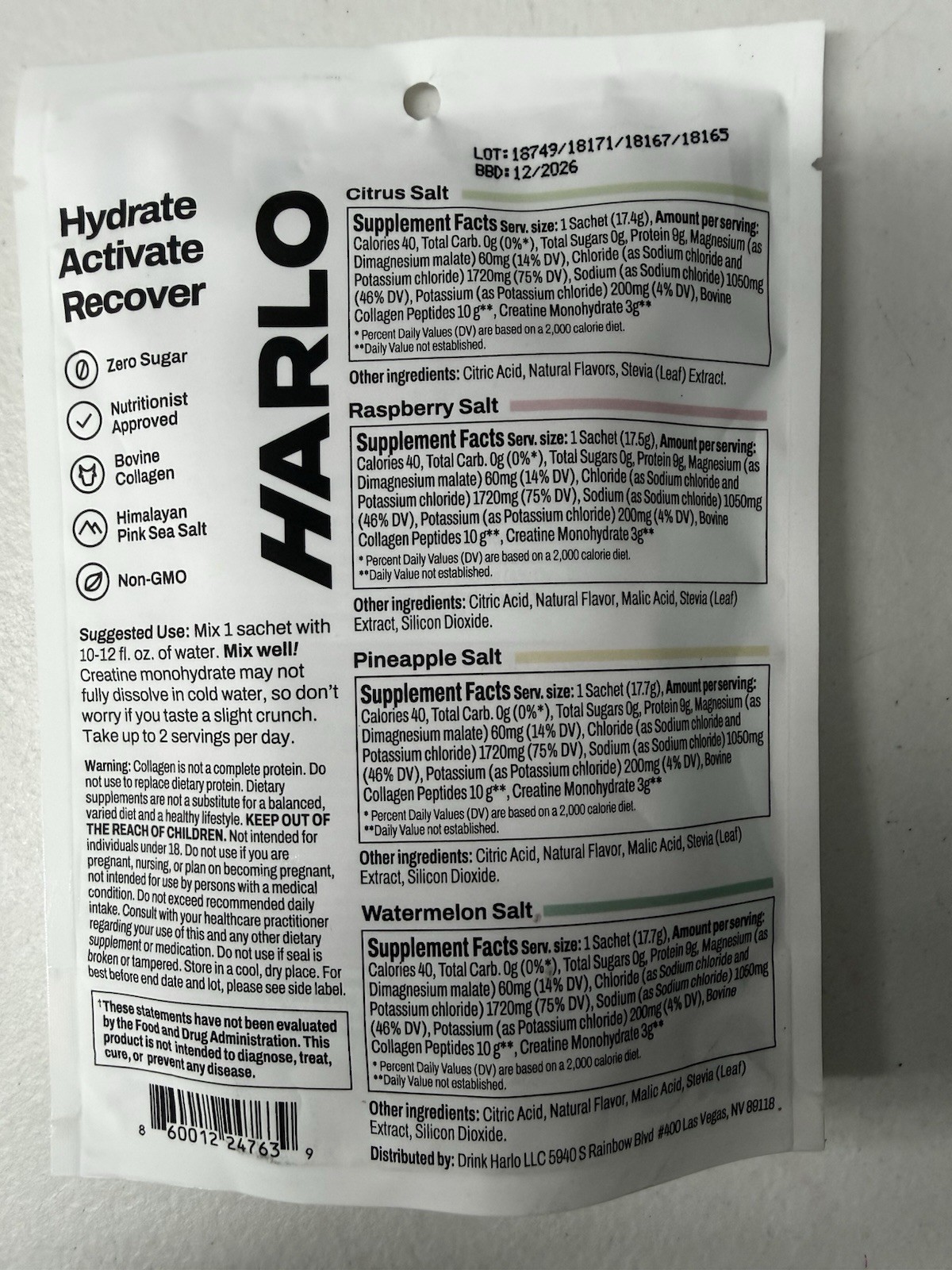 Harlo 3-in-1 Performance Mix Electrolytes, Collagen, Salty by Design 4 Sachets
