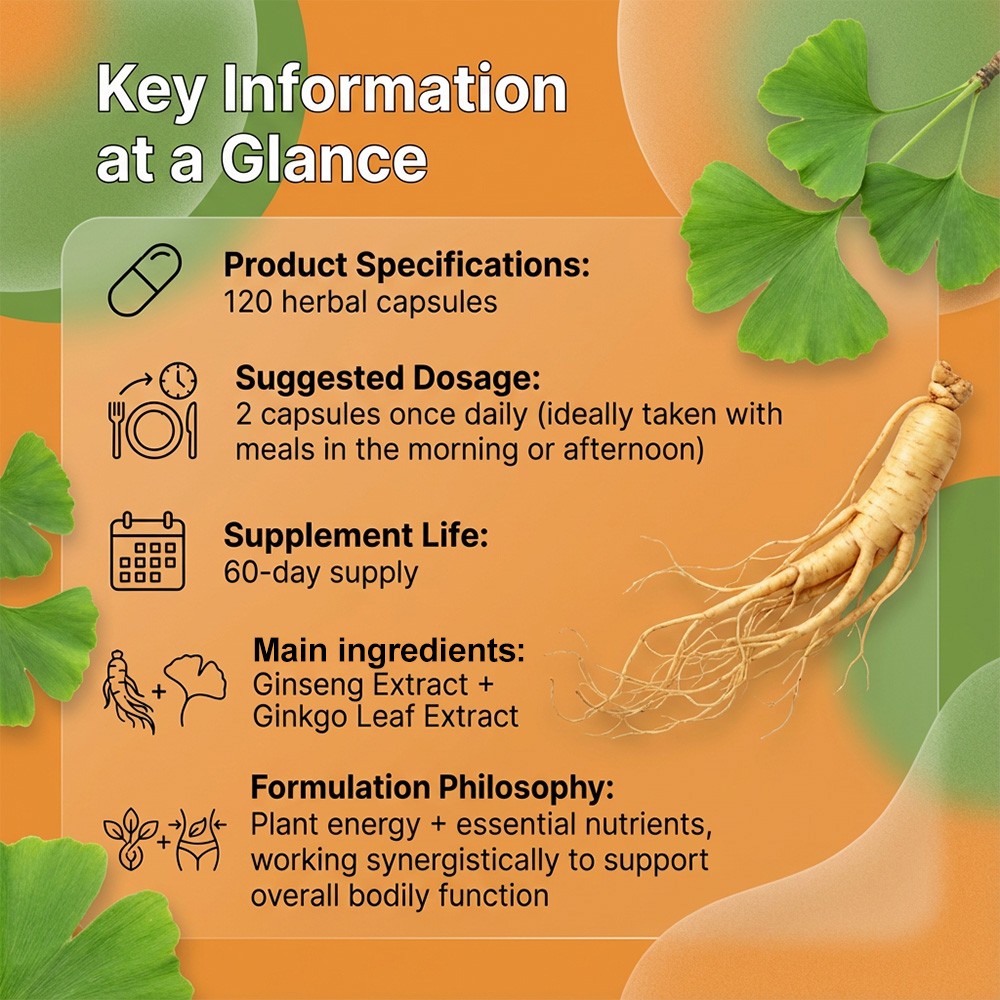 Ginseng&Ginkgo Biloba Supplement With Vitamins Minerals,Support Bone Hair Health
