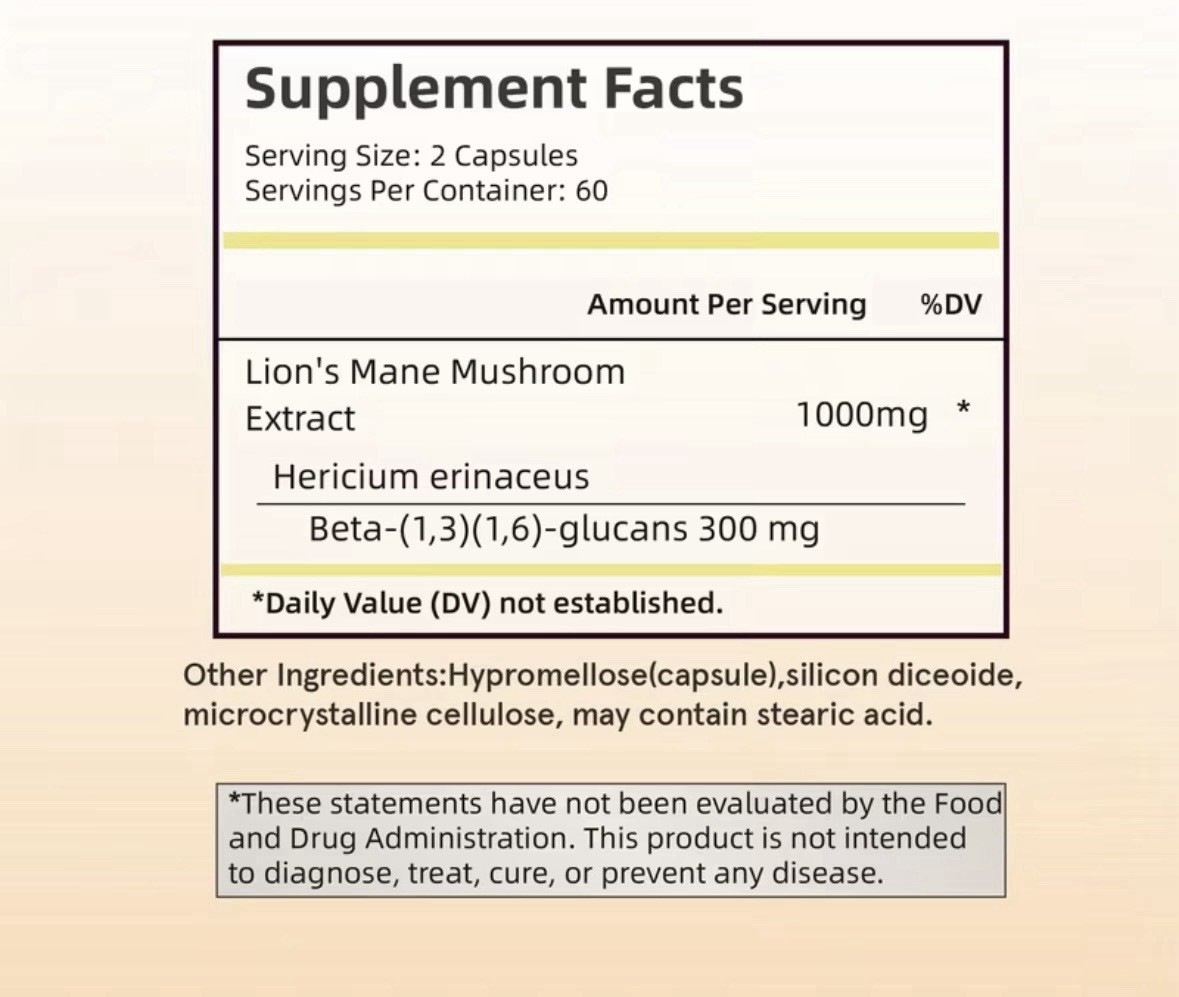 Pslalae Lion’s Mane Mushroom Extract 1000mg 120 Capsules Mood Digestion Support