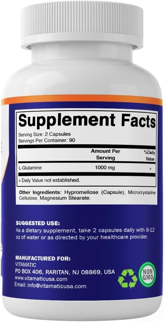 Vitamatic L-Glutamine 1000mg 180 Veg Capsules Non GMO Gluten Free USA GMP