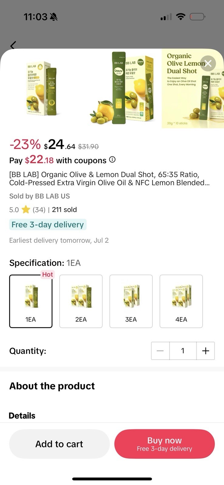 BB Lab Organic Olive Lemon Dual Shot 65:35 Ratio 20g X 10 Sticks NEW