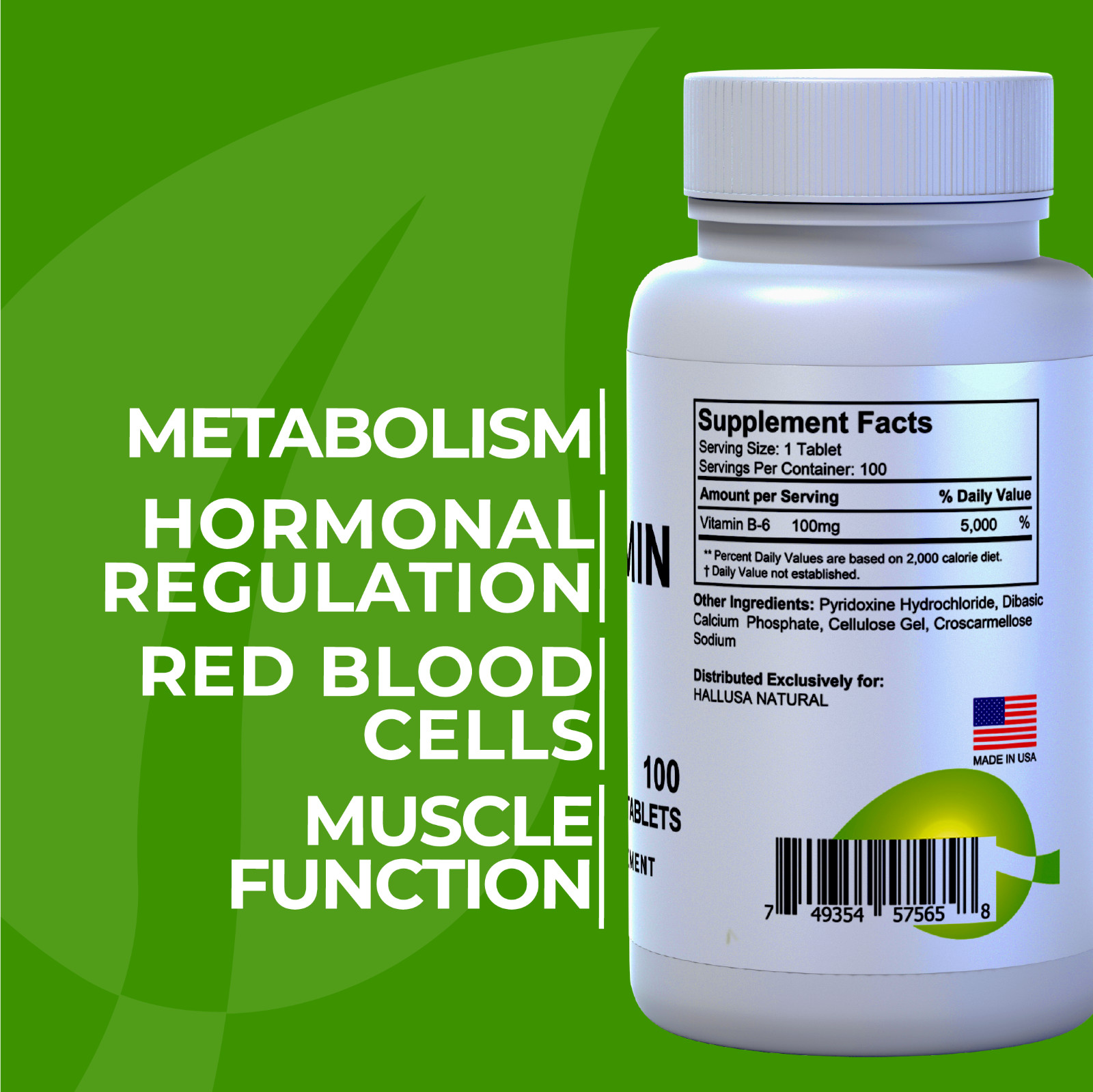 HallVitamin B-6 100 mg – For Women and Men – Energy Metabolism – 100 TABS