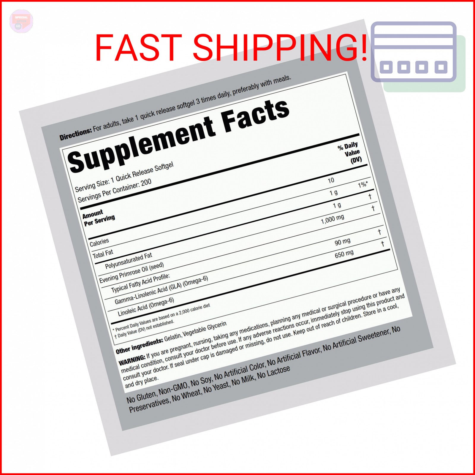 Piping Rock Evening Primrose Oil Softgels 1000mg | 200 Pills | Cold Pressed Diet