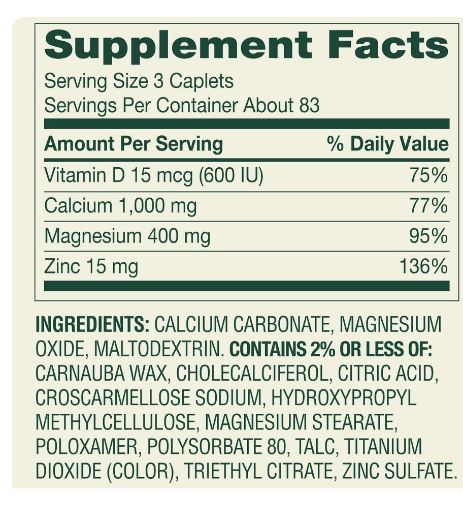 Spring Valley Calcium, Magnesium & Zinc Plus Vitamin D3 Coated Caplets, 250 Cout