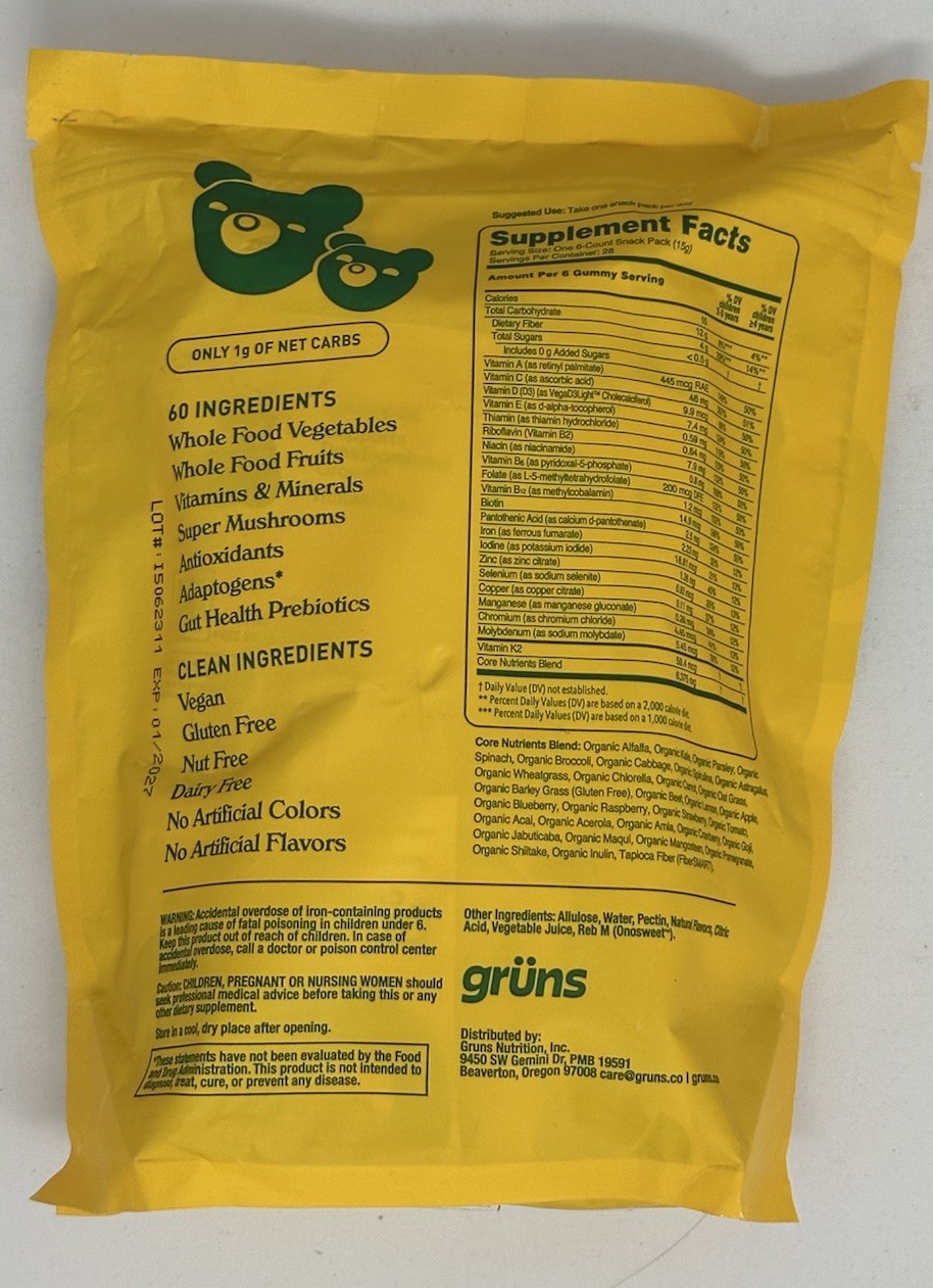 Grüns Cubs Greens Gummies Kids 28 Packets Sugar Free Exp 01/2027