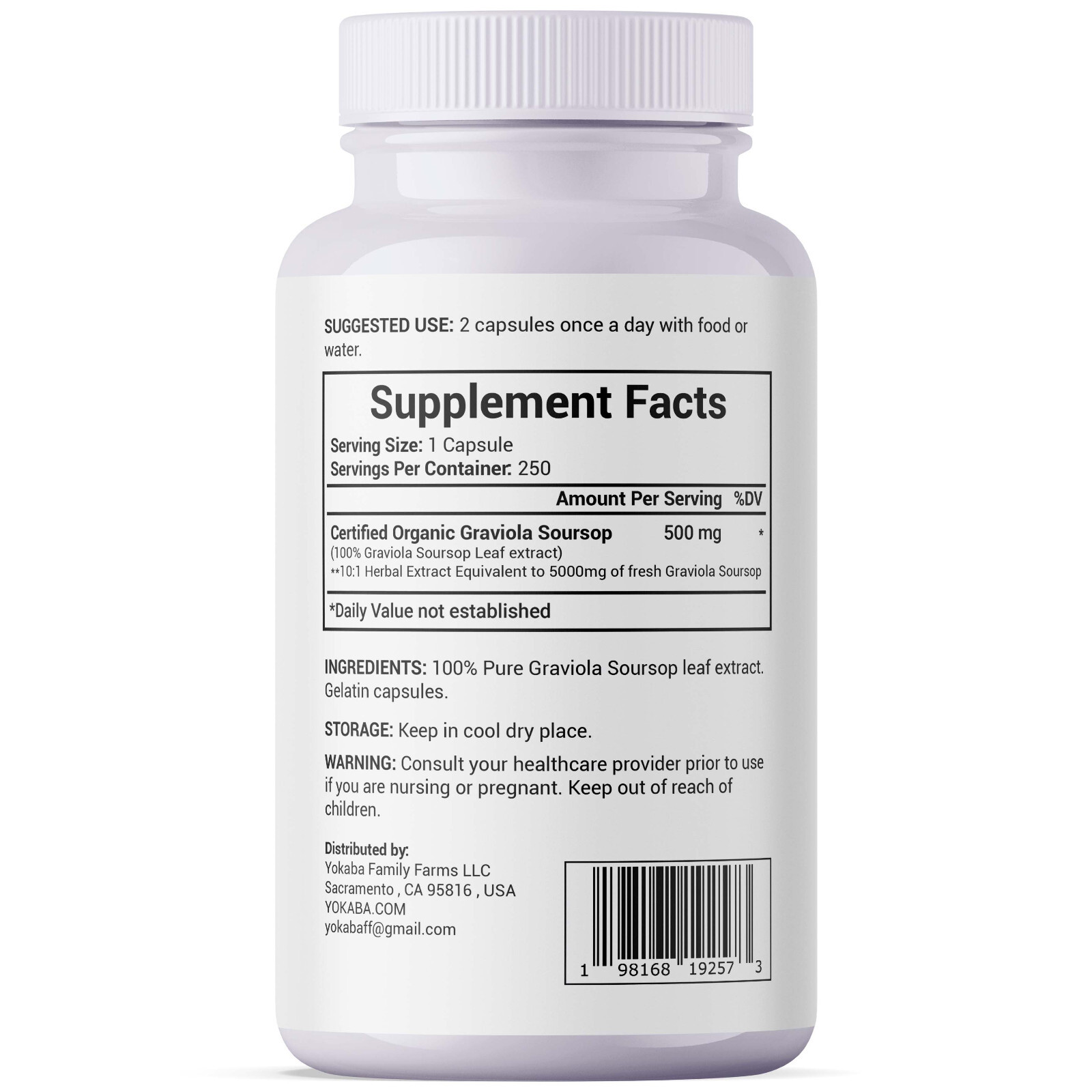 250 Capsules GRAVIOLA SOURSOP Leaf Extract 5000mg Annona Muricata