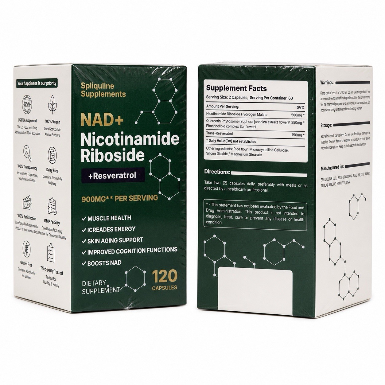 Lot of 2 Spliquline NAD+ Nicotinamide Riboside Resveratrol 900mg 120 Caps Sealed