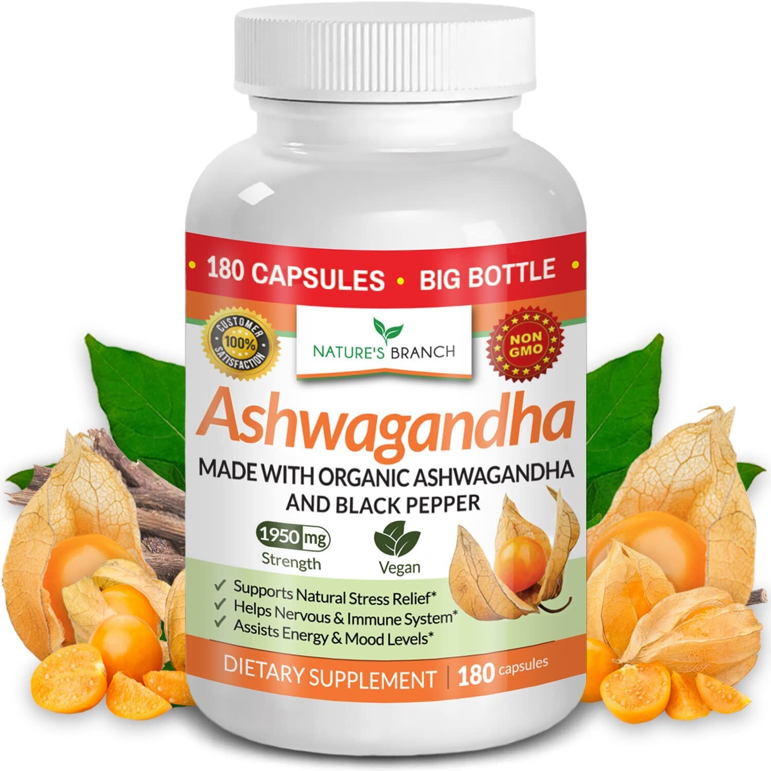 Organic Ashwagandha with Black Pepper – 180 Capsules – 1950mg Maximum Strengt…